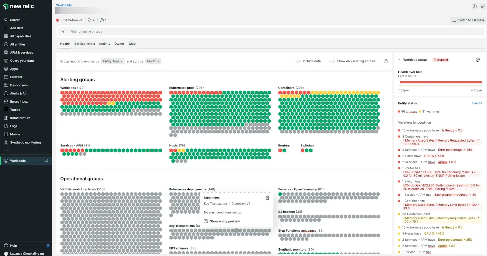 A screenshot depiciting workloads and key transactions