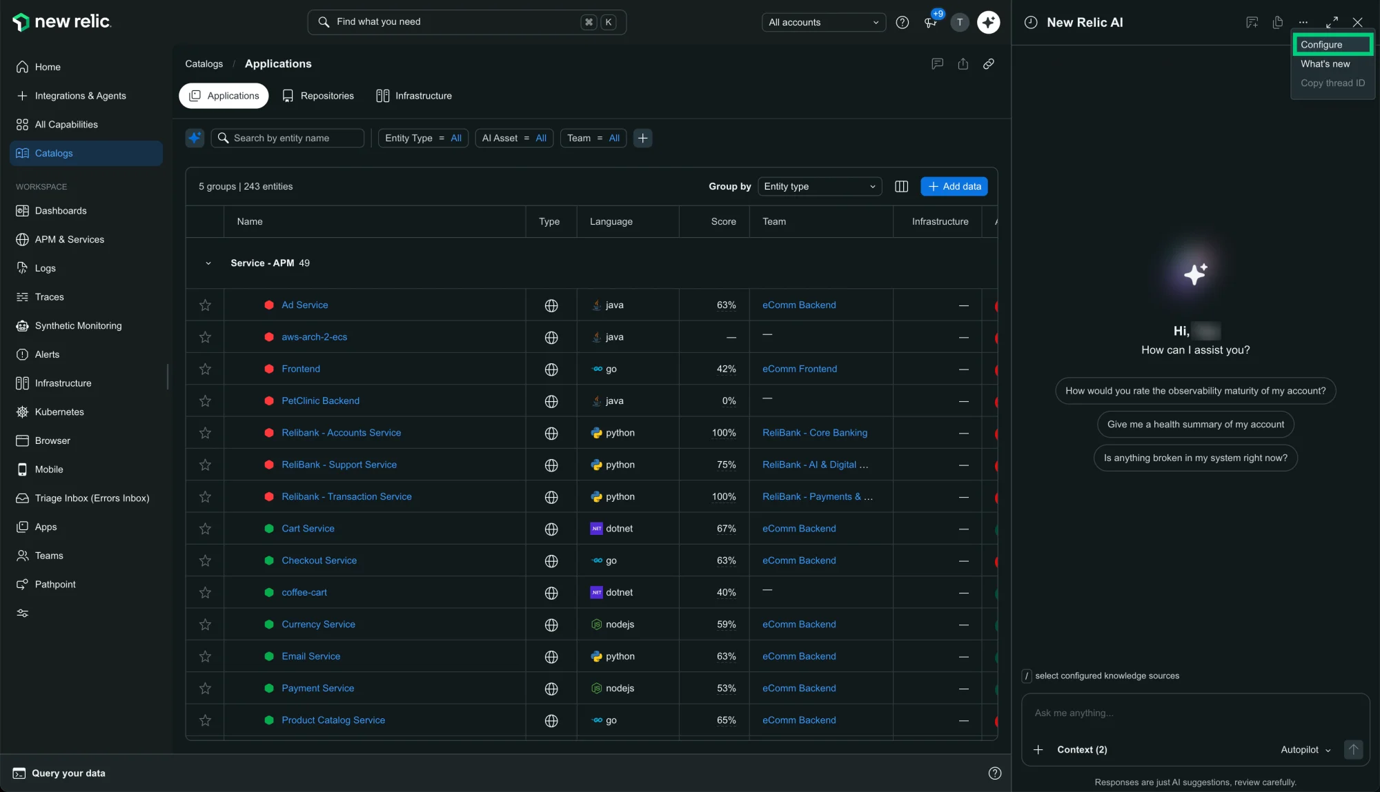 Configure option in the New Relic AI panel A screenshot of the New Relic AI panel open on the right side of the page, with the three-dot menu expanded and the Configure option highlighted