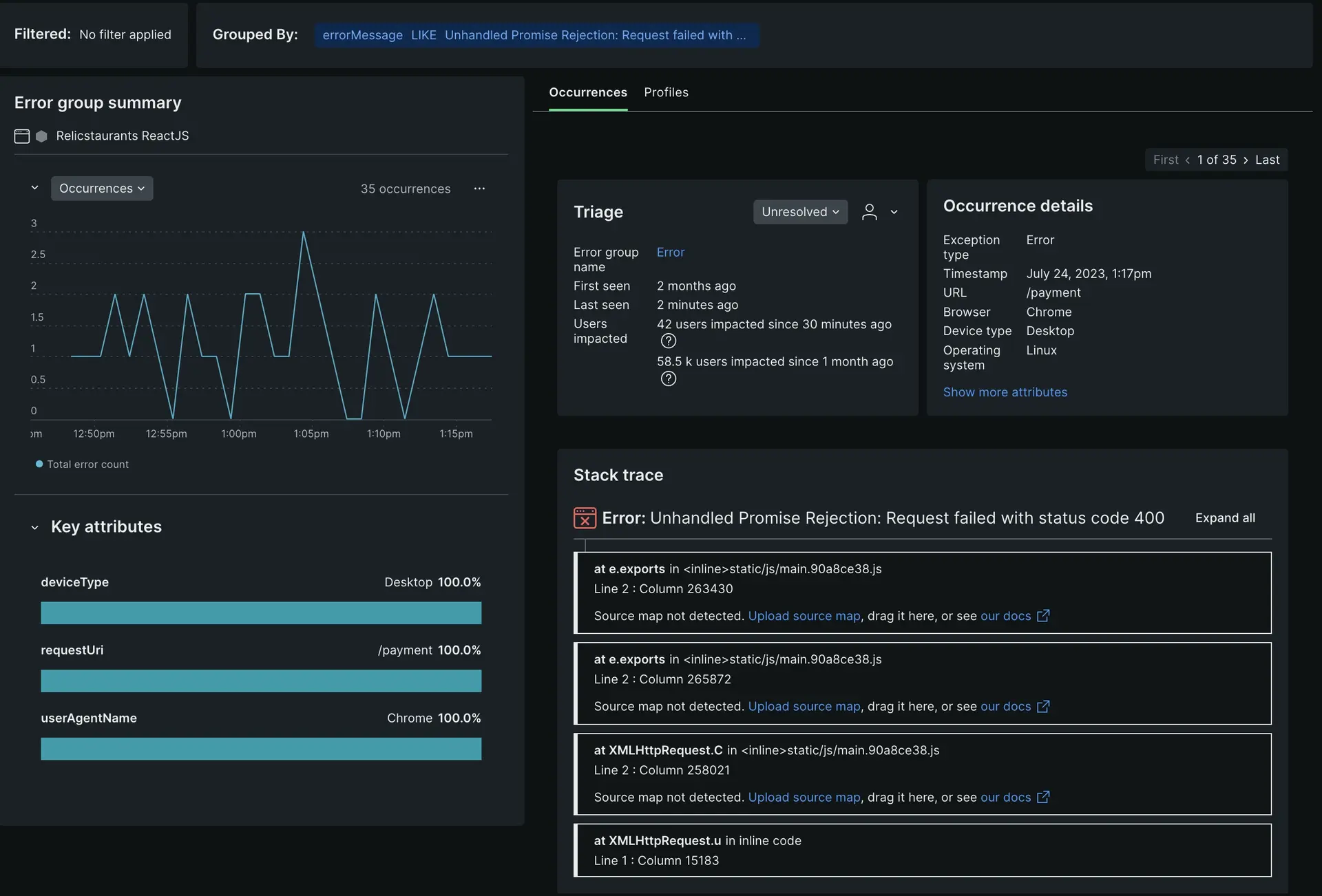 A screenshot of a single error overview page