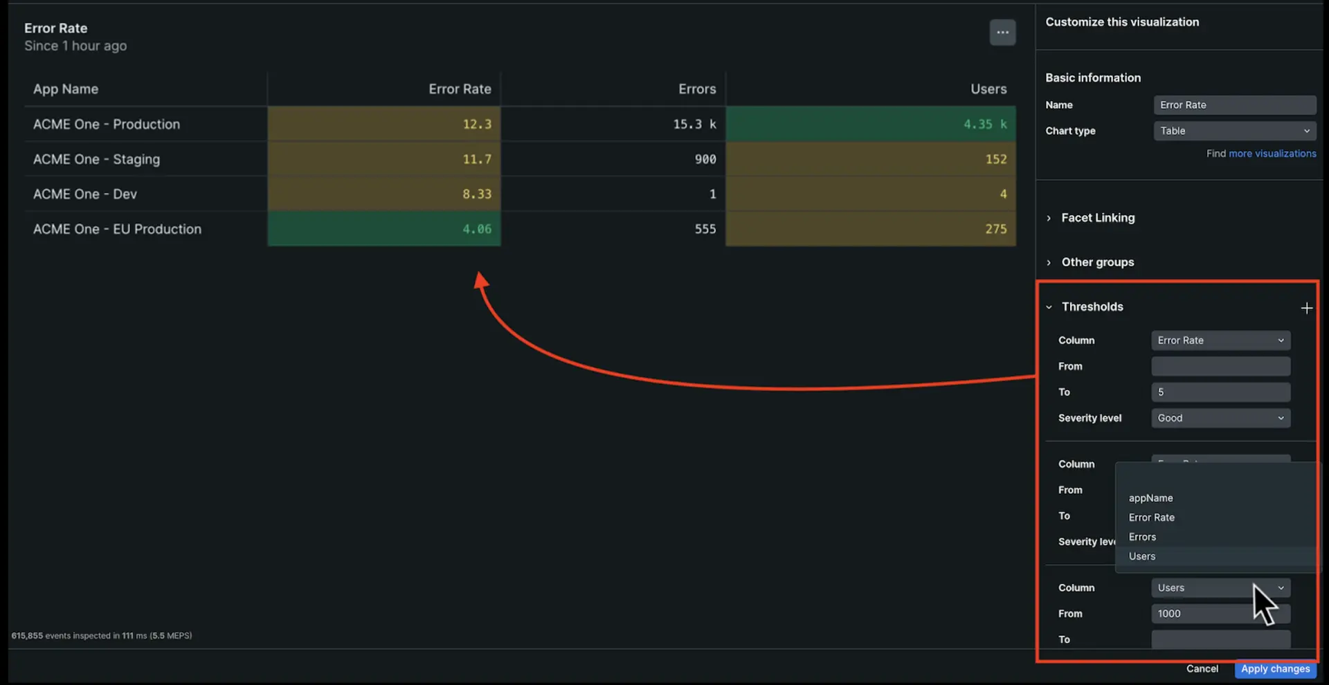 Screenshot of how to configure thresholds in a table