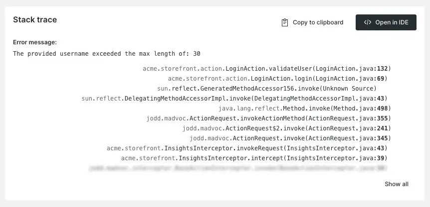 A screenshot of a stack trace error in errors inbox with the "Open in IDE button."