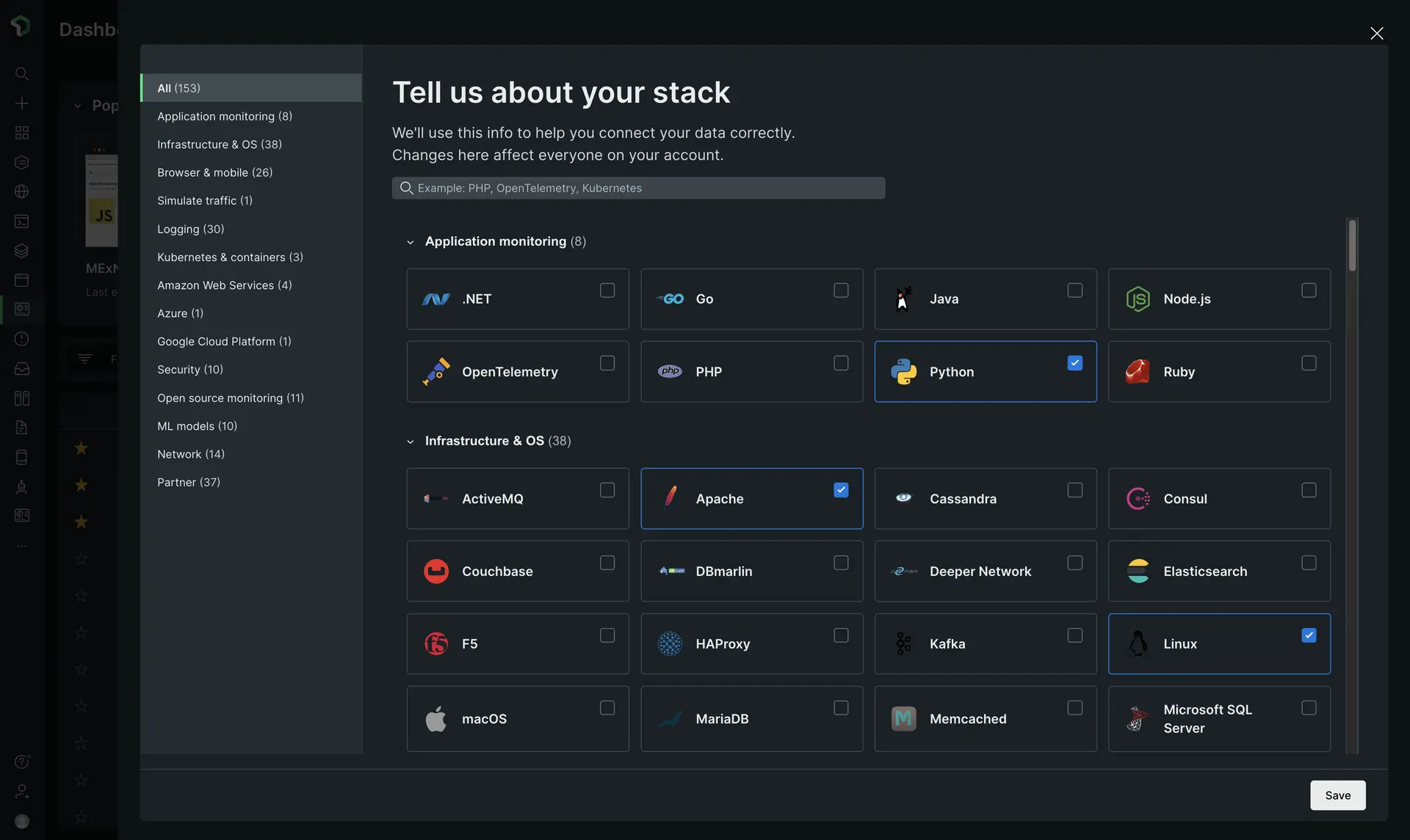 A screenshot depicting how to tell New Relic about how your stack was built