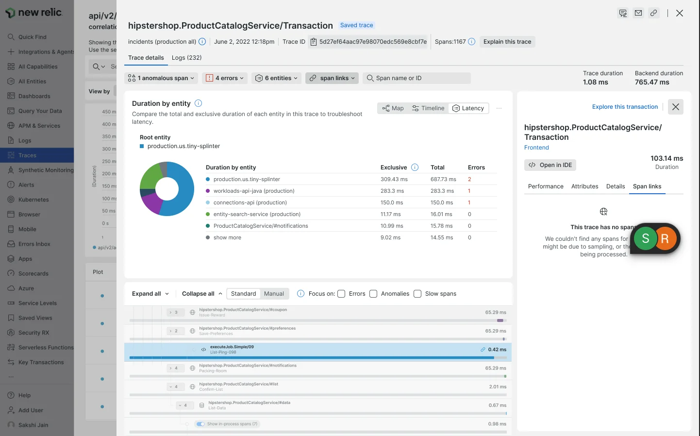 Empty state when trace has no span links Screenshot showing the empty state message when a trace has no span links