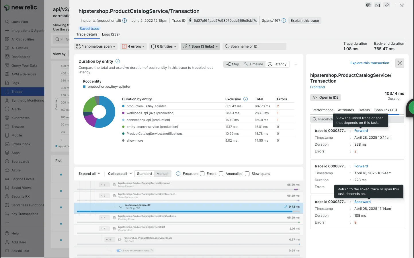 Span links tab showing linked traces Screenshot showing the Span links tab with forward and backward linked traces