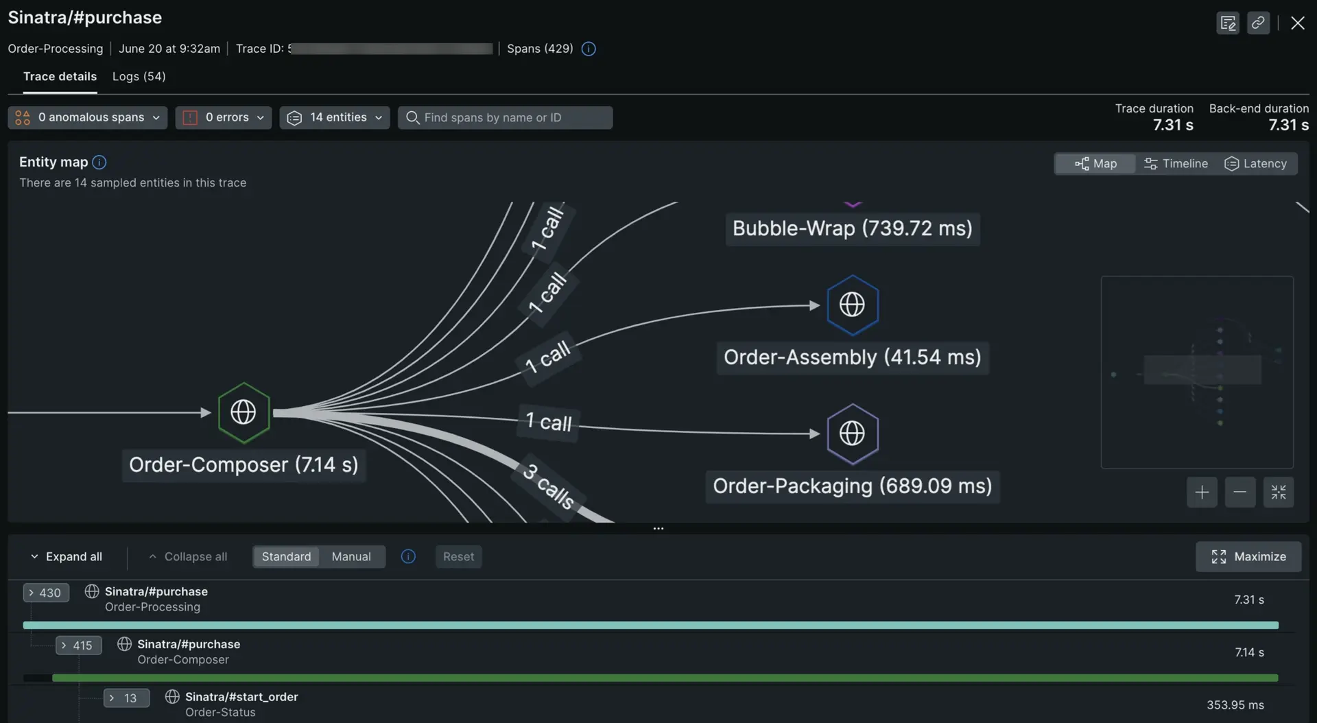 New Relic distributed tracing UI - trace details page