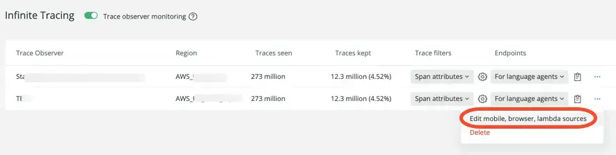 Screenshot showing menu when you click the three dots next to your trace observer