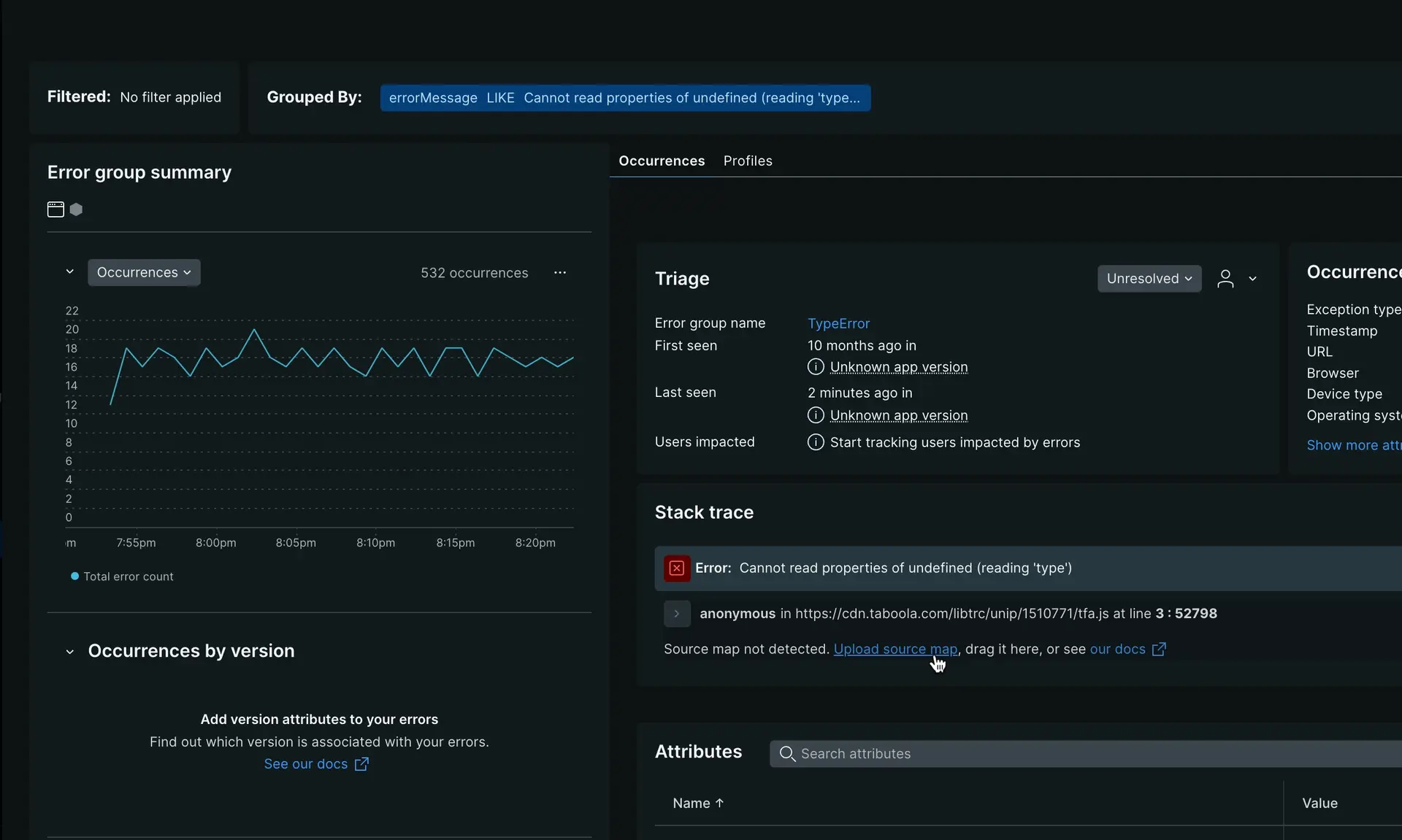 A screenshot depicting error profiles for JS.