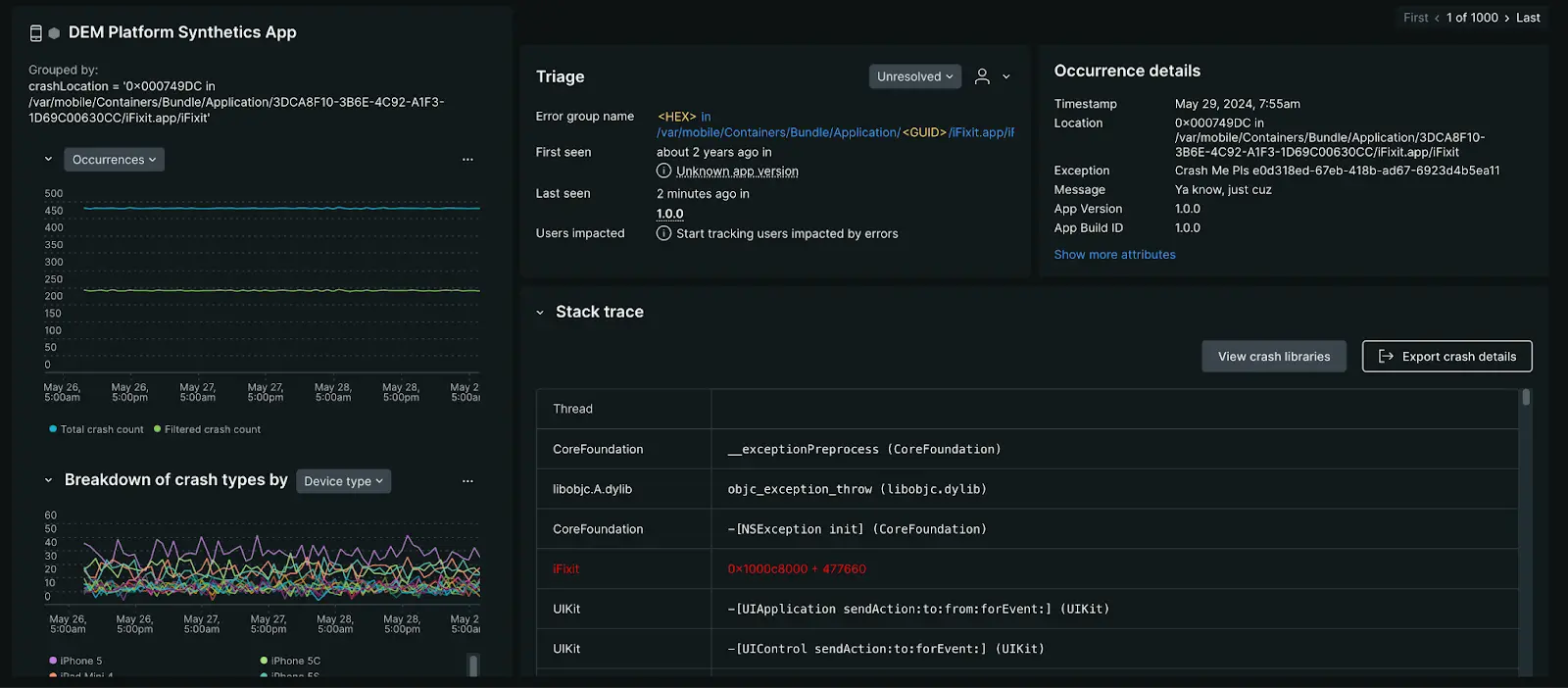 A screenshot showing the crash details view in the errors inbox UI