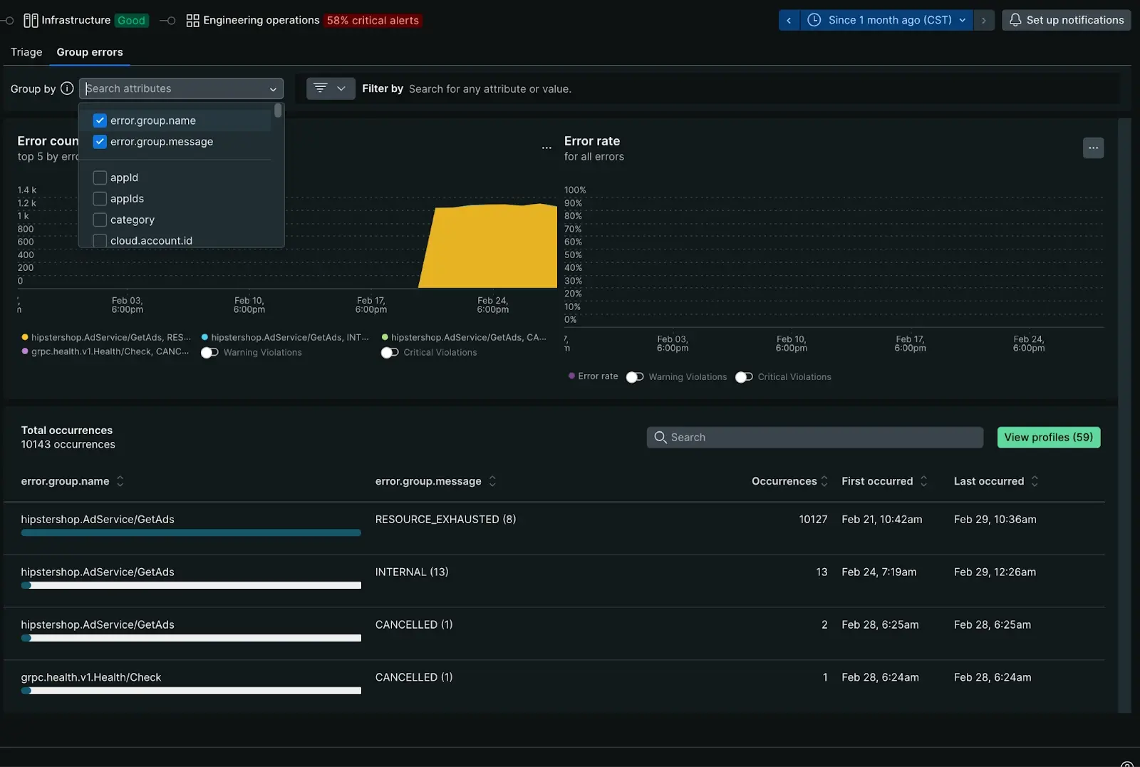 A screenshot depicting errors inbox for opentelemetry