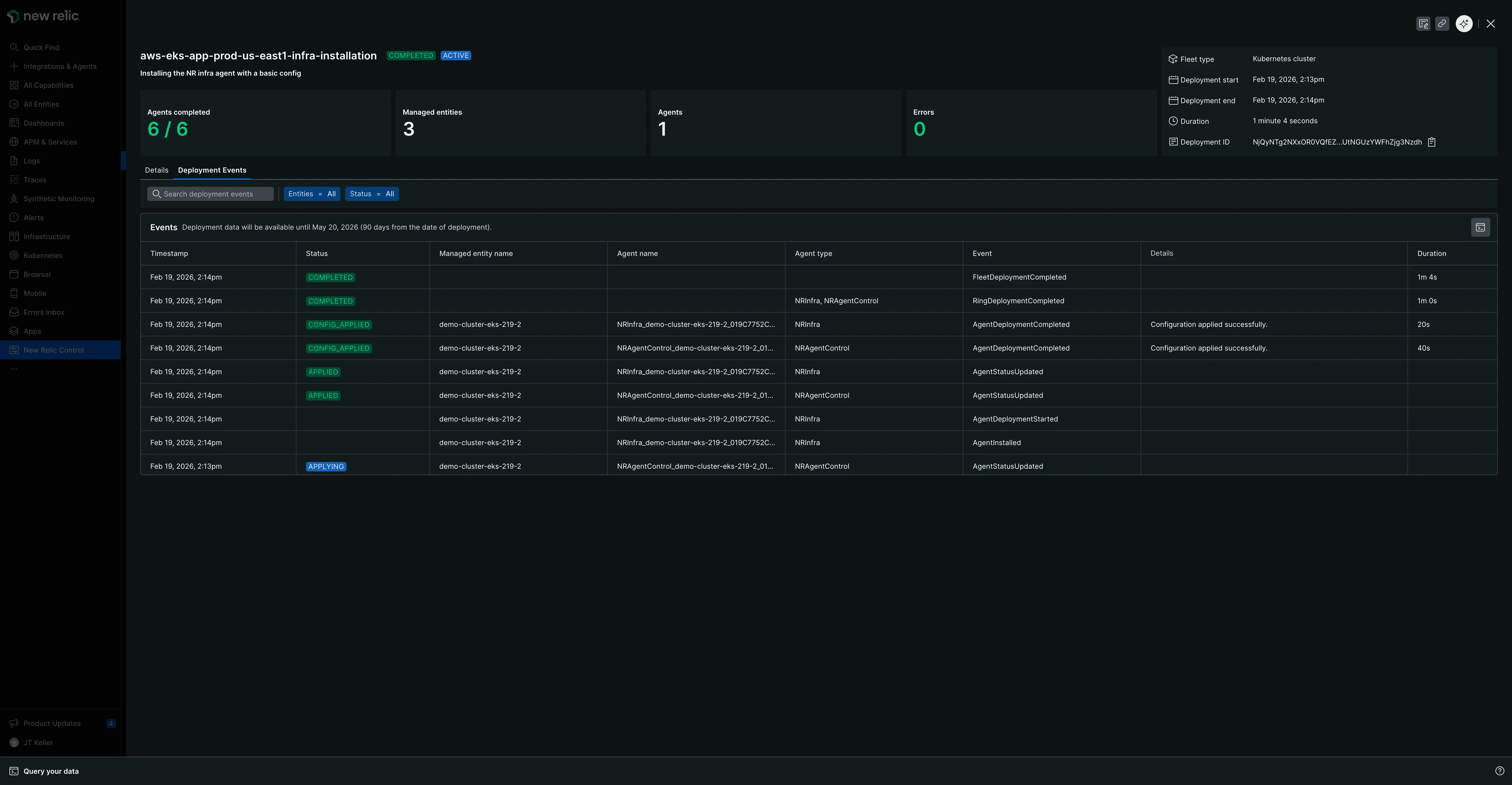 Deployment Events tab The Deployment Events tab showing deployment summary statistics and a chronological table of deployment events with timestamps, status badges, entity names, agent information, and event details.