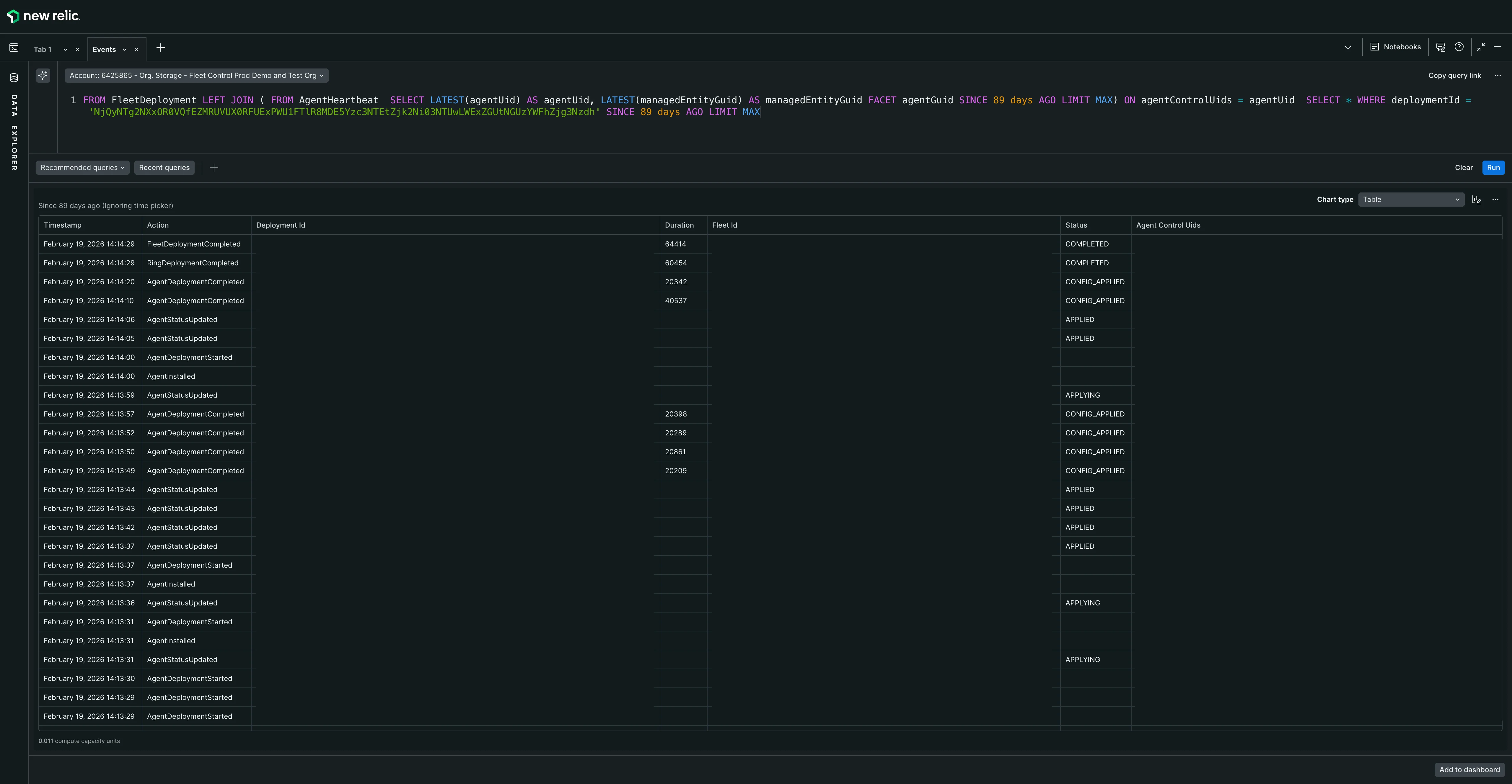 Deployment event detail Expanded deployment event showing detailed metadata in a key-value table with comprehensive event attributes including event IDs, service details, deployment metadata, agent information, and configuration parameters revealed through the NRQL query.