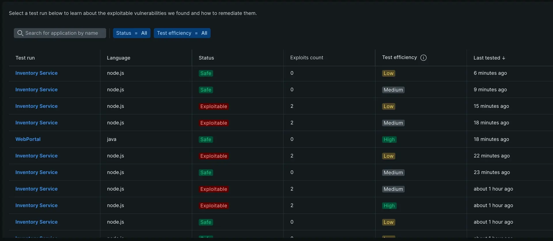 Screenshot showing a table of run tests