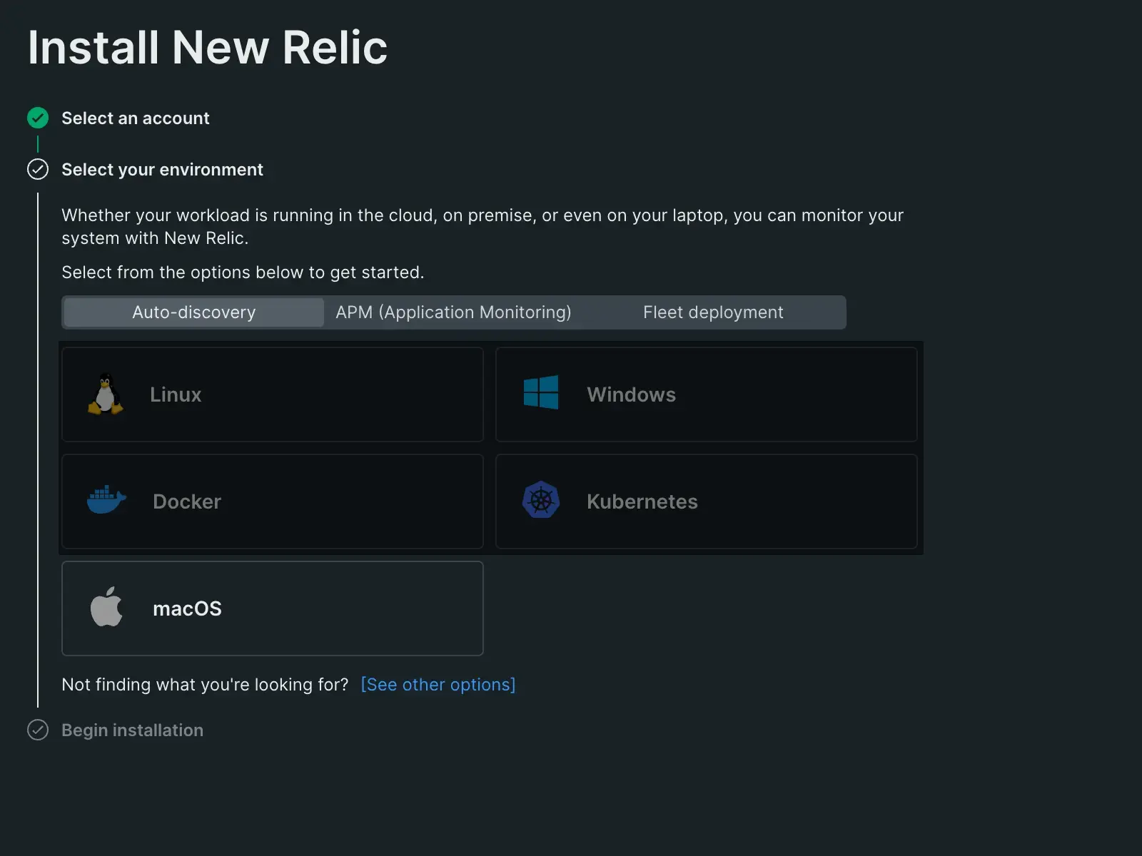 An image displaying New Relic's guided installation for macOS