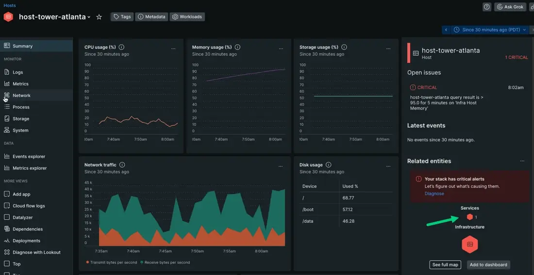 A screenshot displaying a summary page with data scoped to the individual host, named apache-svr01. An arrow points to the service map on the right side of the UI.