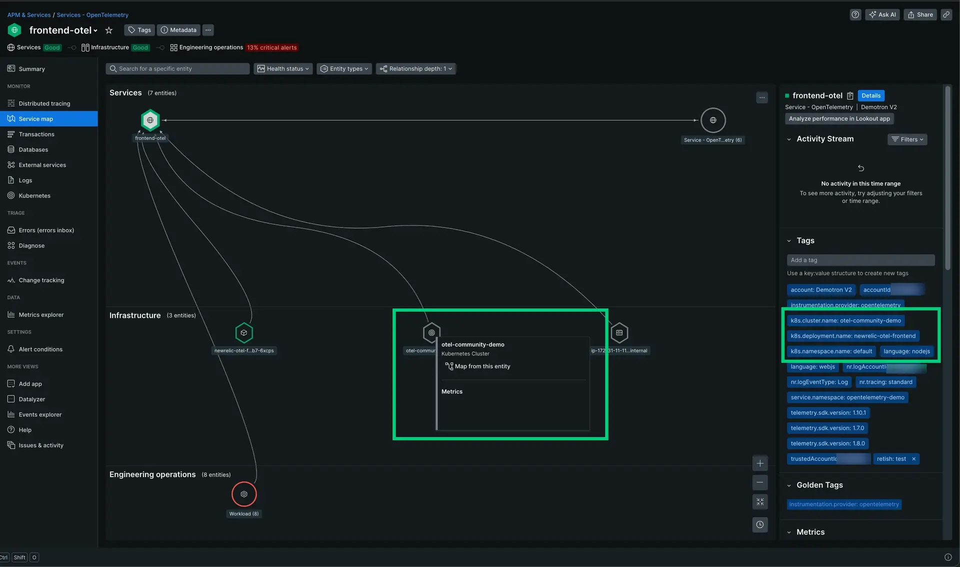 Screenshot showing K8s metadata in the New Relic UI