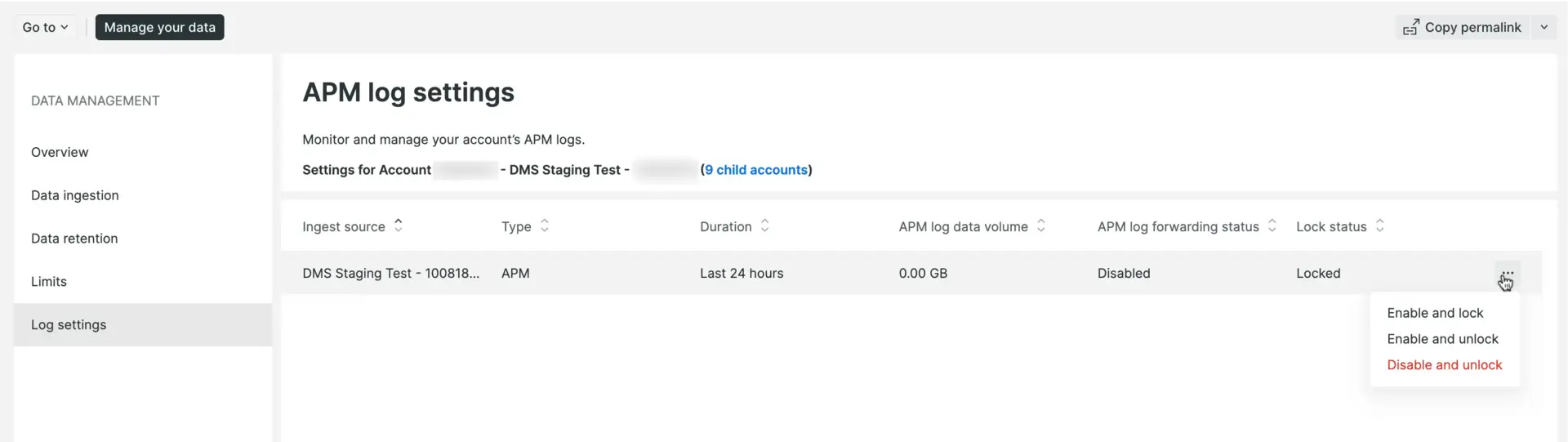 Screenshot of log settings in data management hub UI