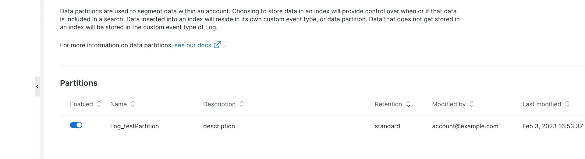 Screenshot of log partition rules in UI