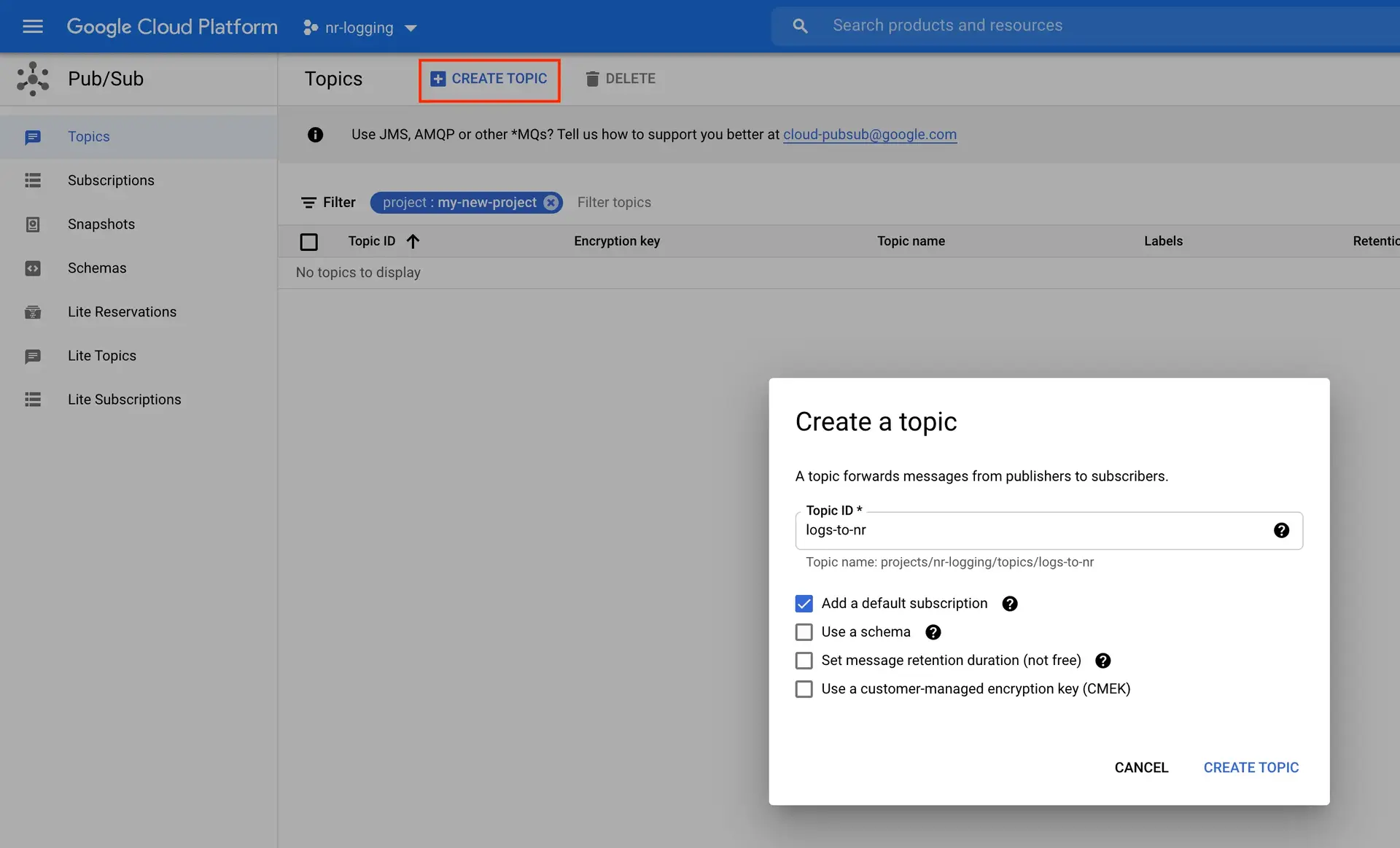 Create GCP topic