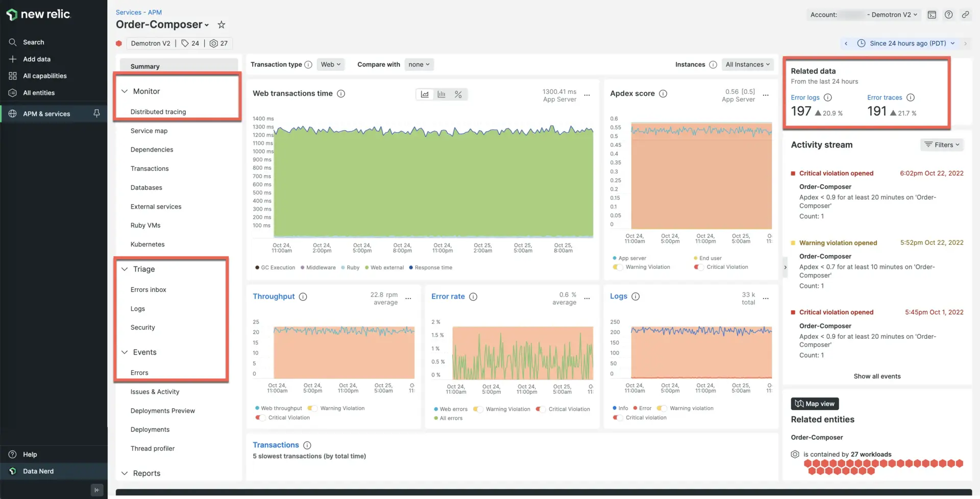 Screenshot of APM Summary page with logs in context options