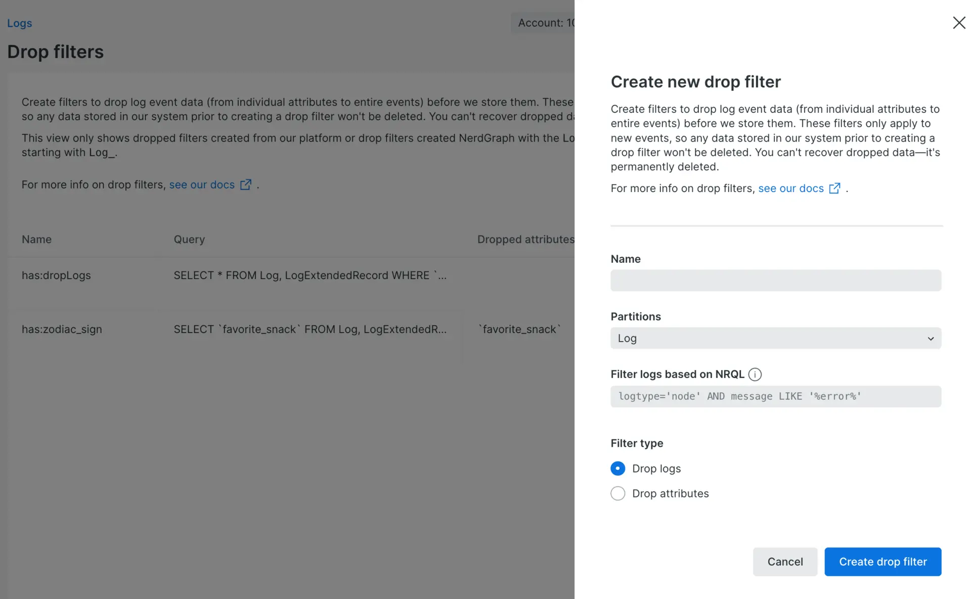 Screenshot of Log drop filter rule in UI