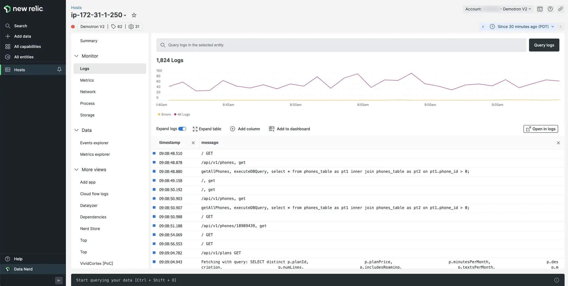 Screenshot of logs in context for a host