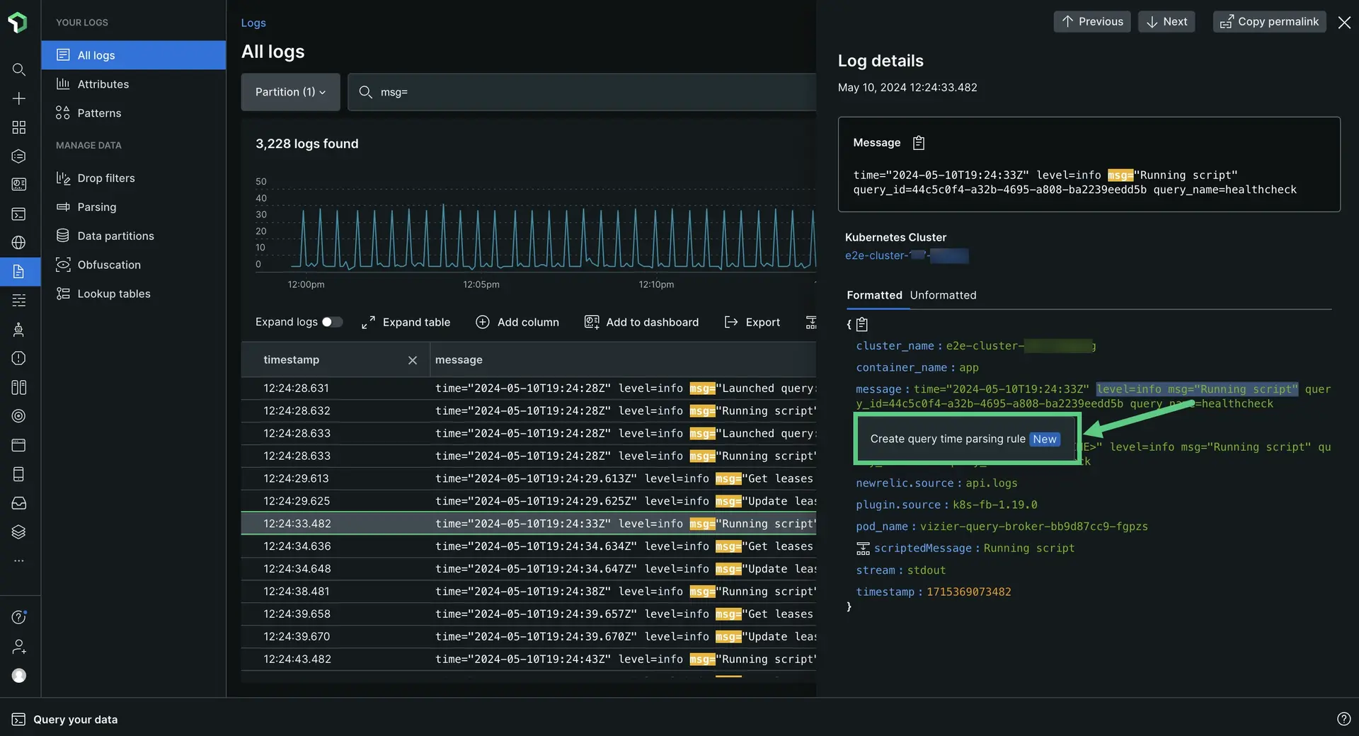 Screenshot showing how you can start creating rules in the logs detail view.