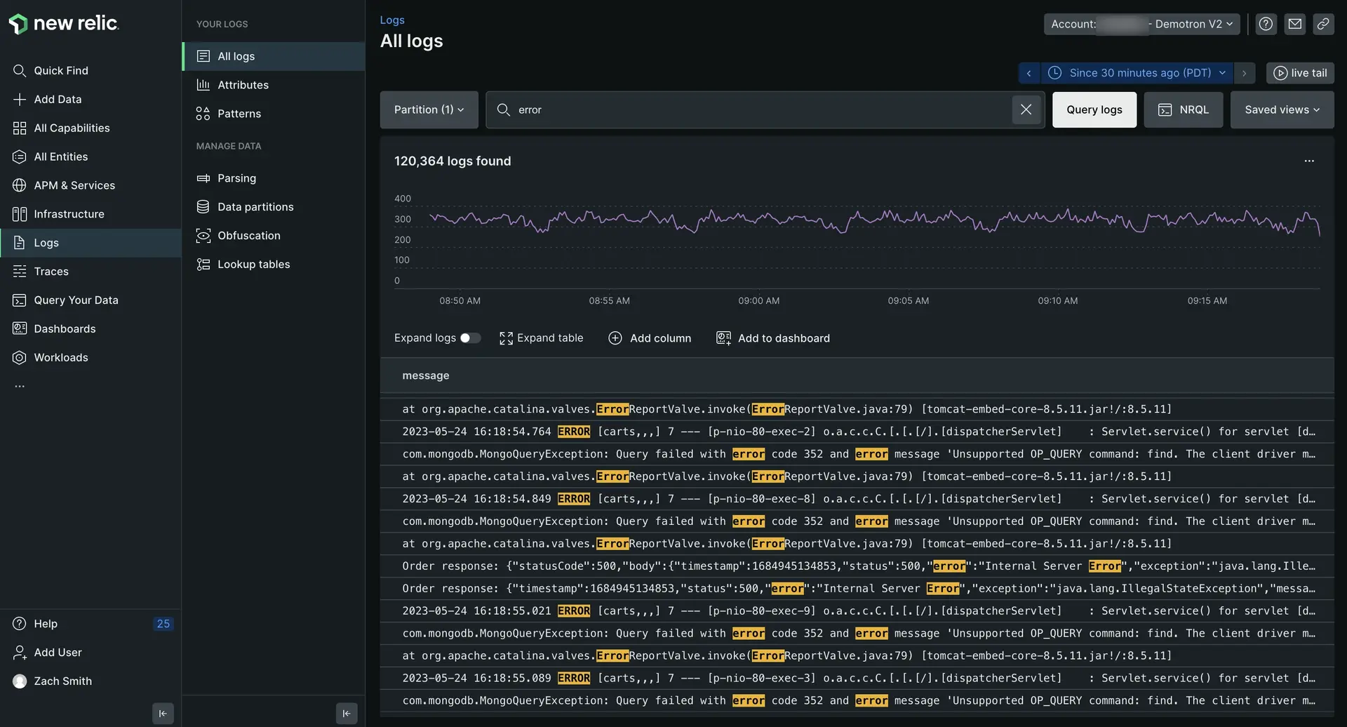 Screenshot of New Relic logs UI