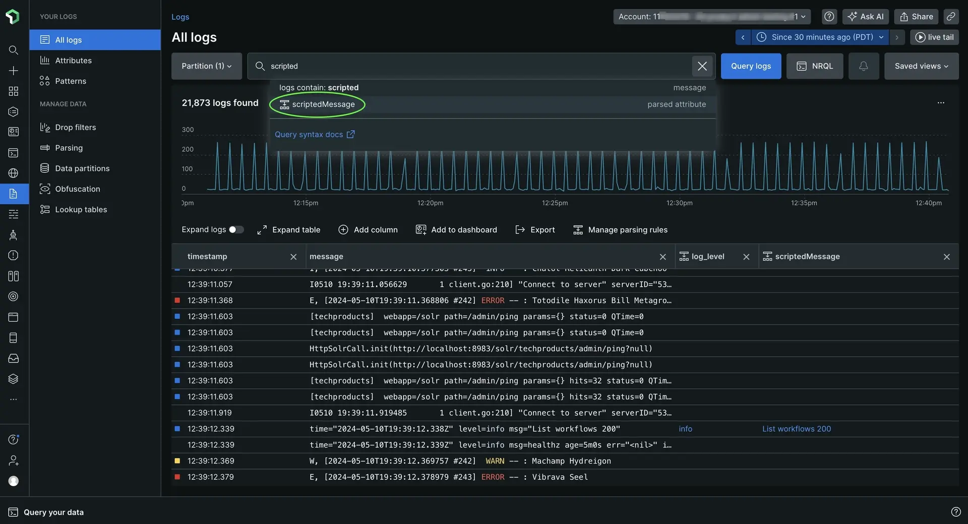 Screenshot showing an example of the query time search bar