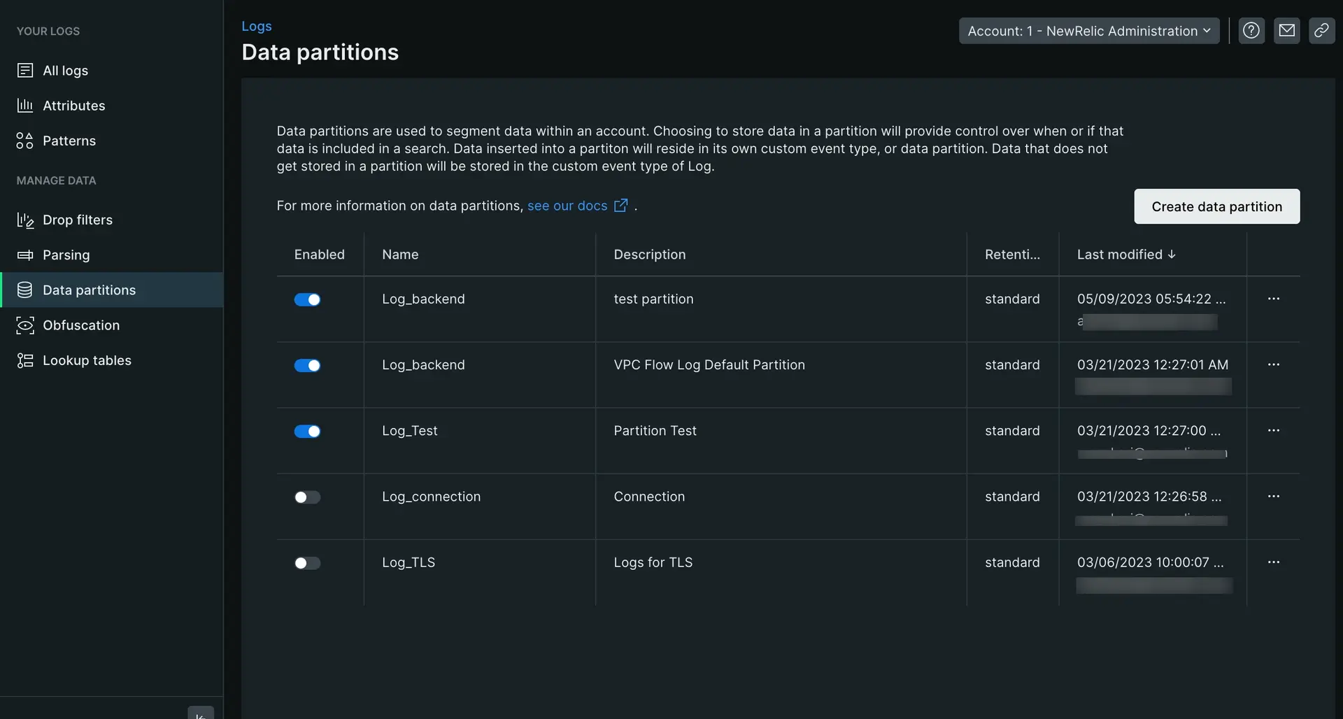 An image displaying New Relic's log partion UI