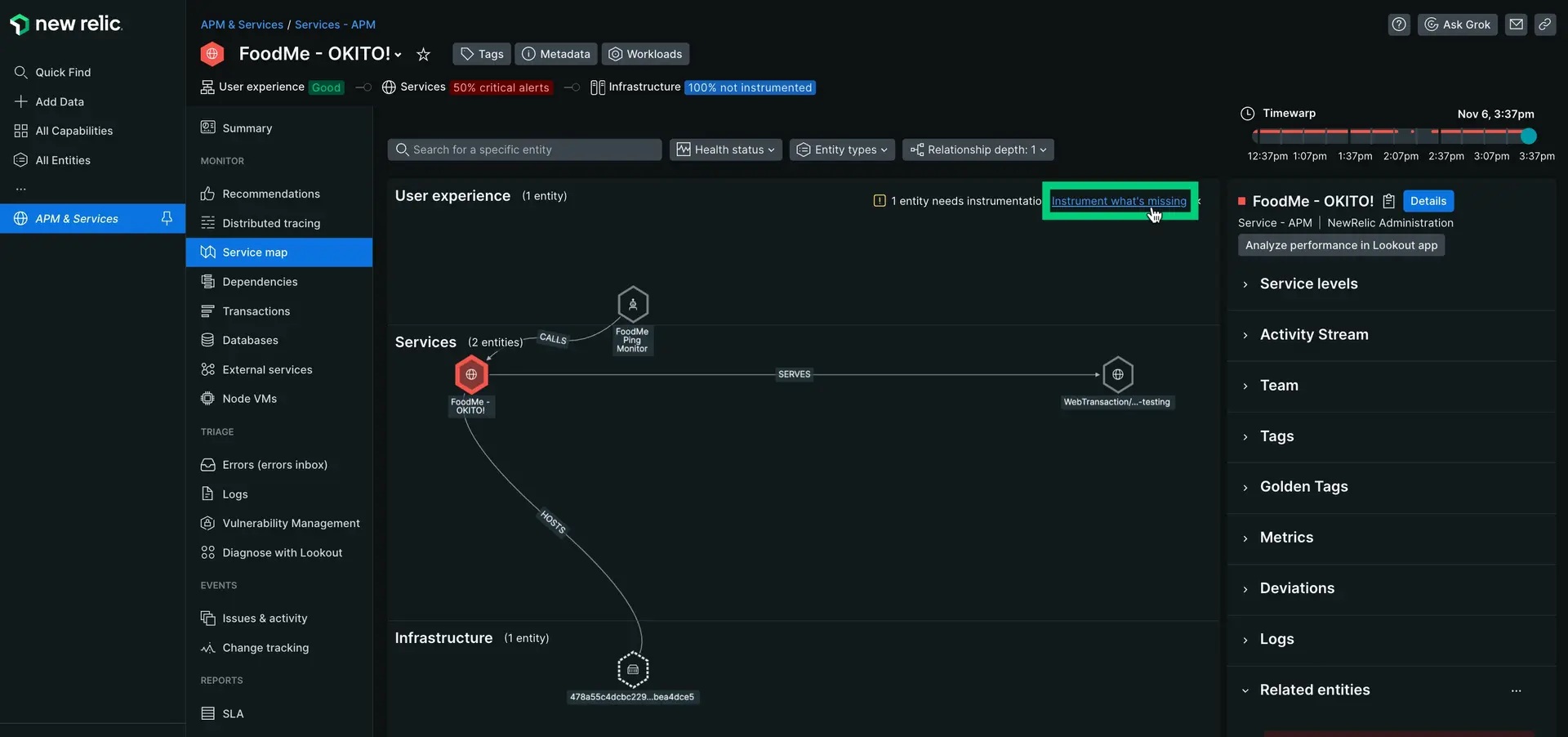 An example of a service map having the instrument option.