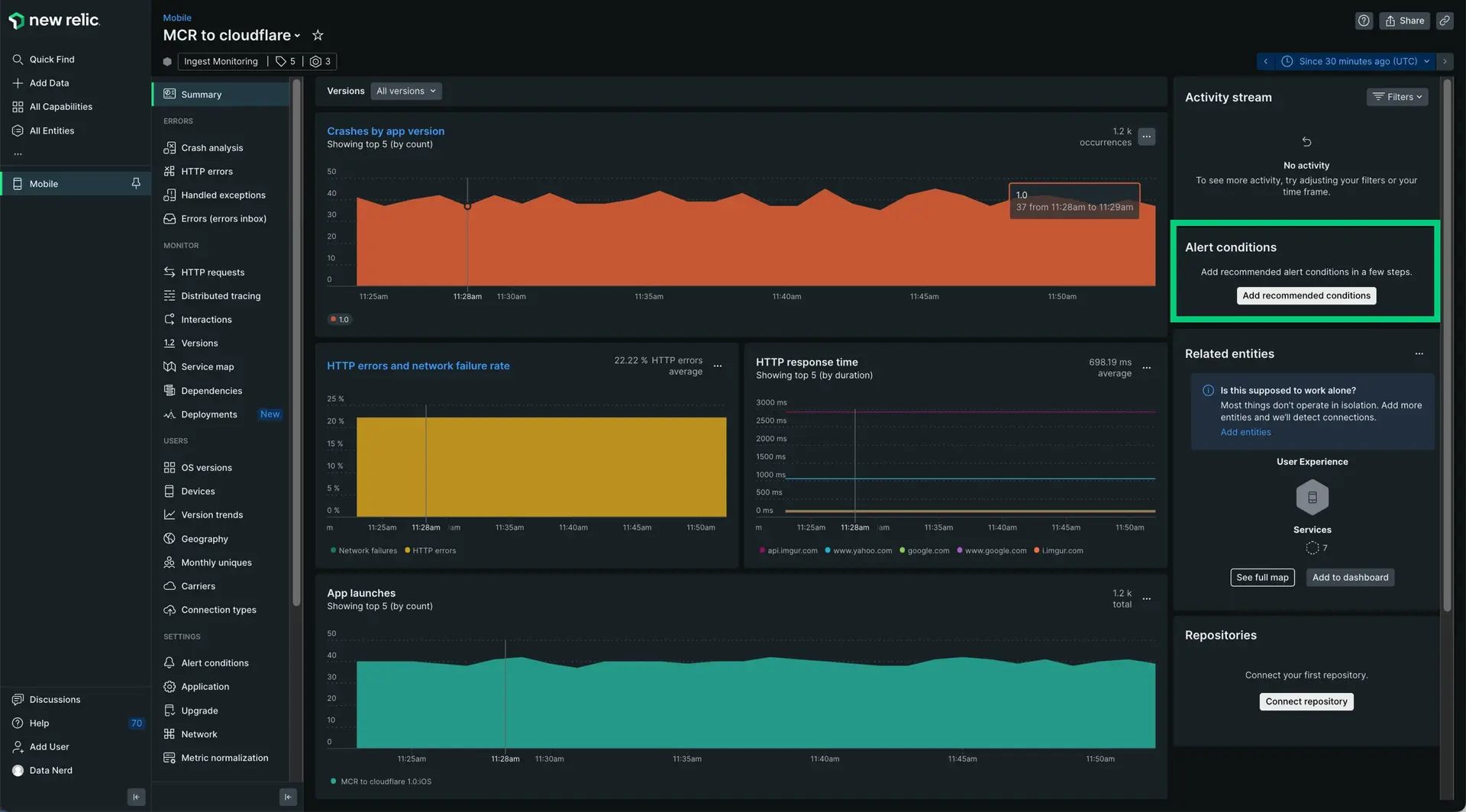 Screenshot of the New Relic mobile Summary page