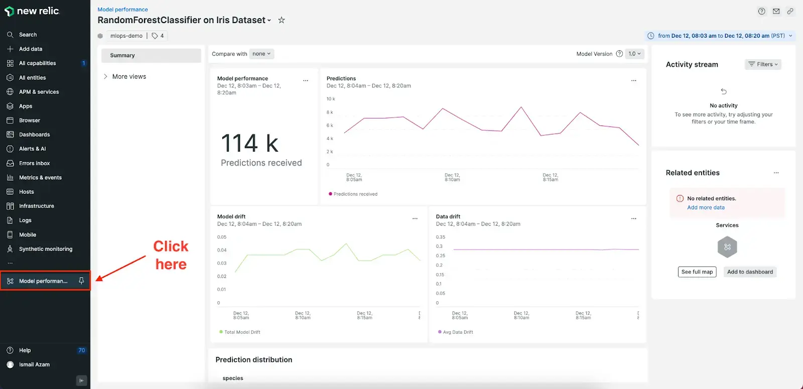 An image of the New Relic MLOps dashboard.