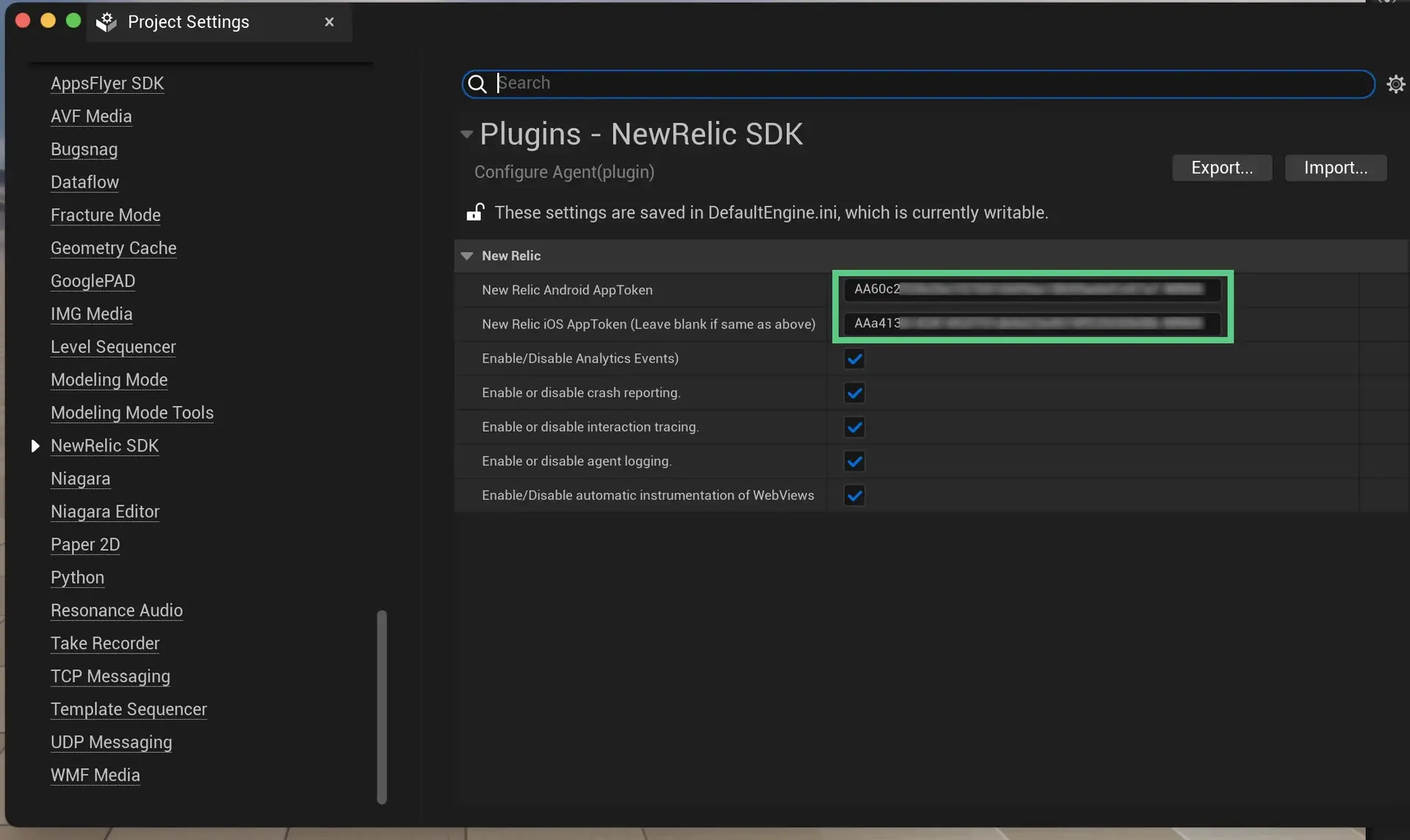 Screenshot of the Unreal editor to configure settings