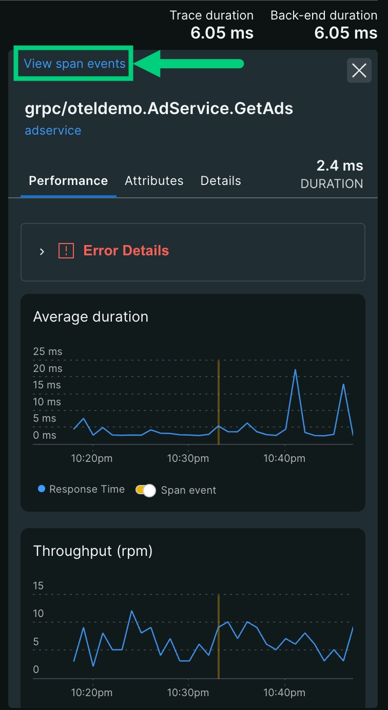 Screenshot showing the right pane showing the two links for span events