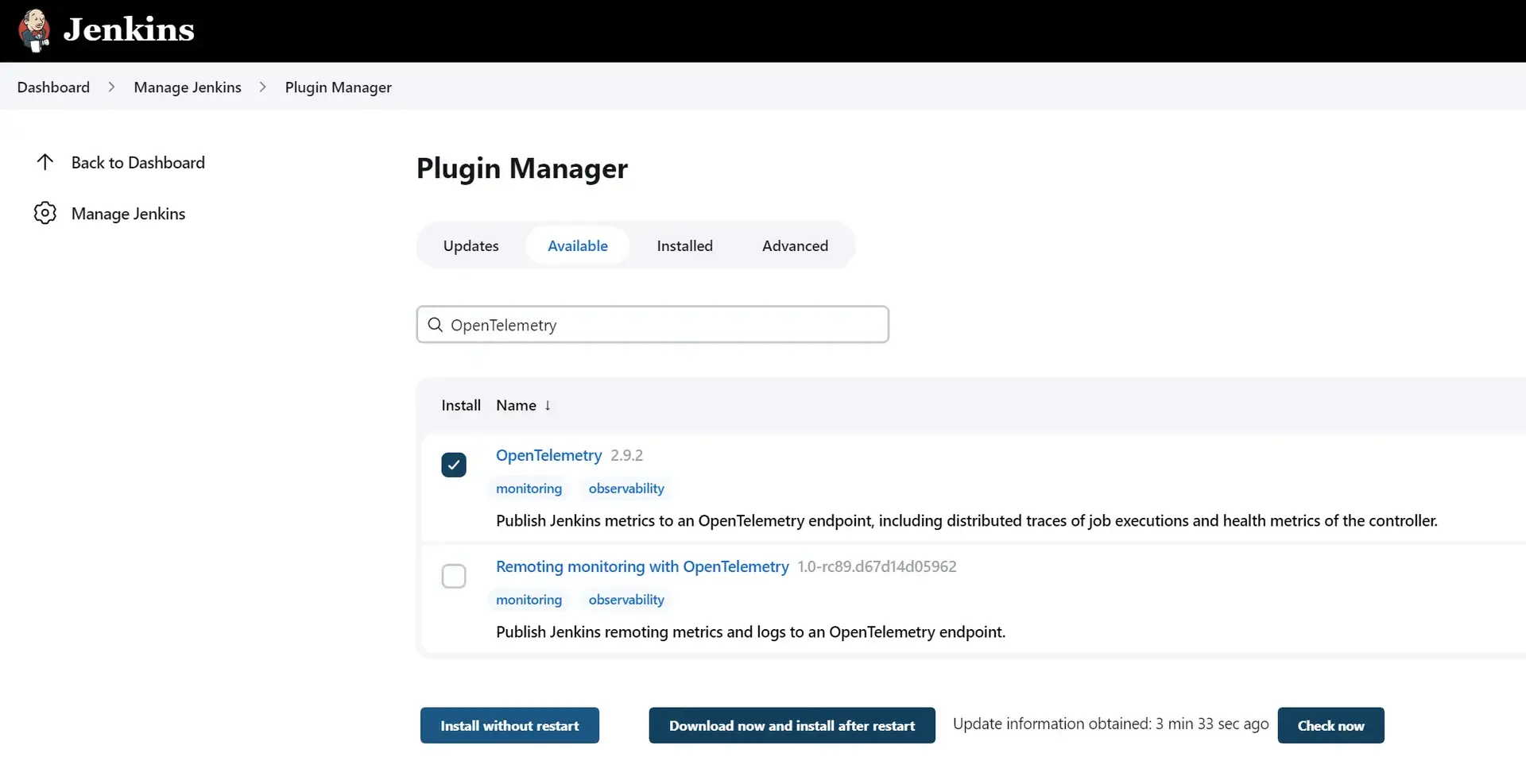 Screenshot showing Jenkins OpenTelemetry plugin