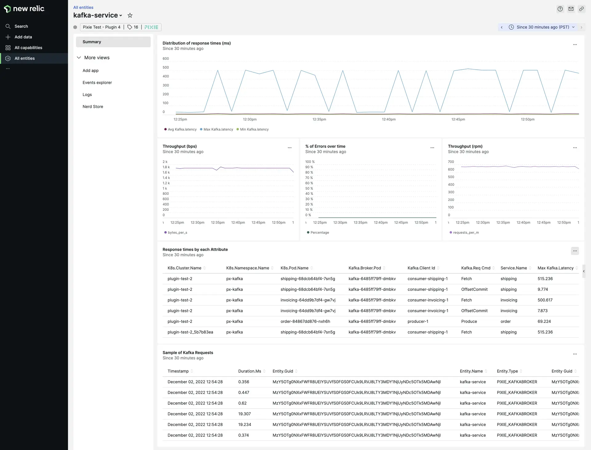The Kafka - Pixie entity shows golden metrics and full-body Kafka messages traced by Pixie