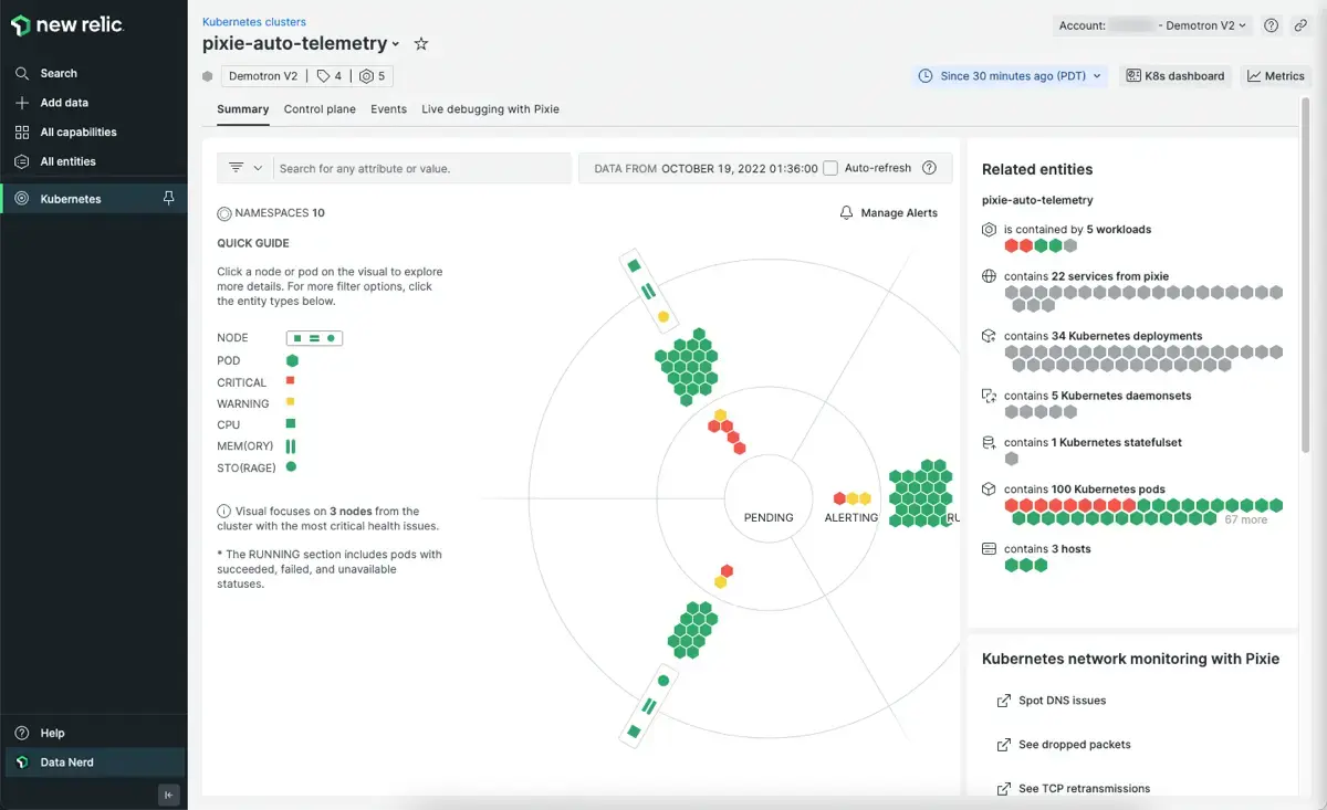 The Kubernetes cluster explorer shows the services identified by Pixie.