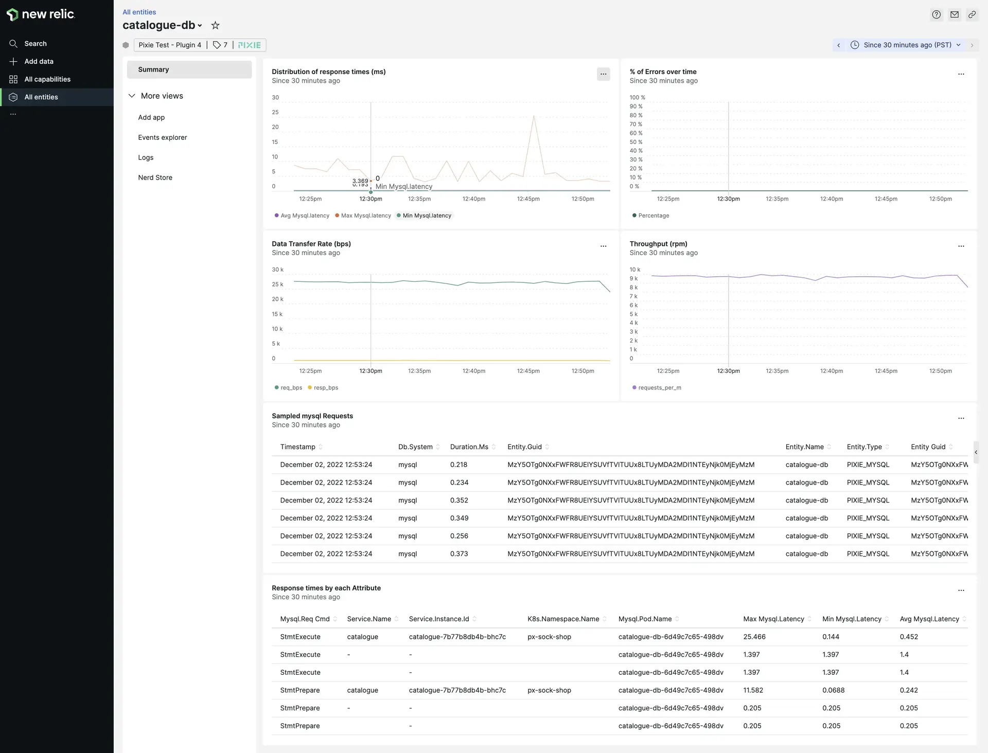 The MySQL - Pixie entity shows golden metrics and full-body MySQL request and response pairs traced by Pixie