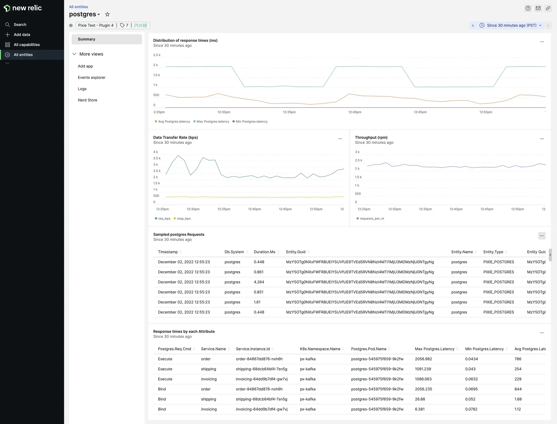 The Postgres - Pixie entity shows golden metrics and full-body MySQL request and response pairs traced by Pixie