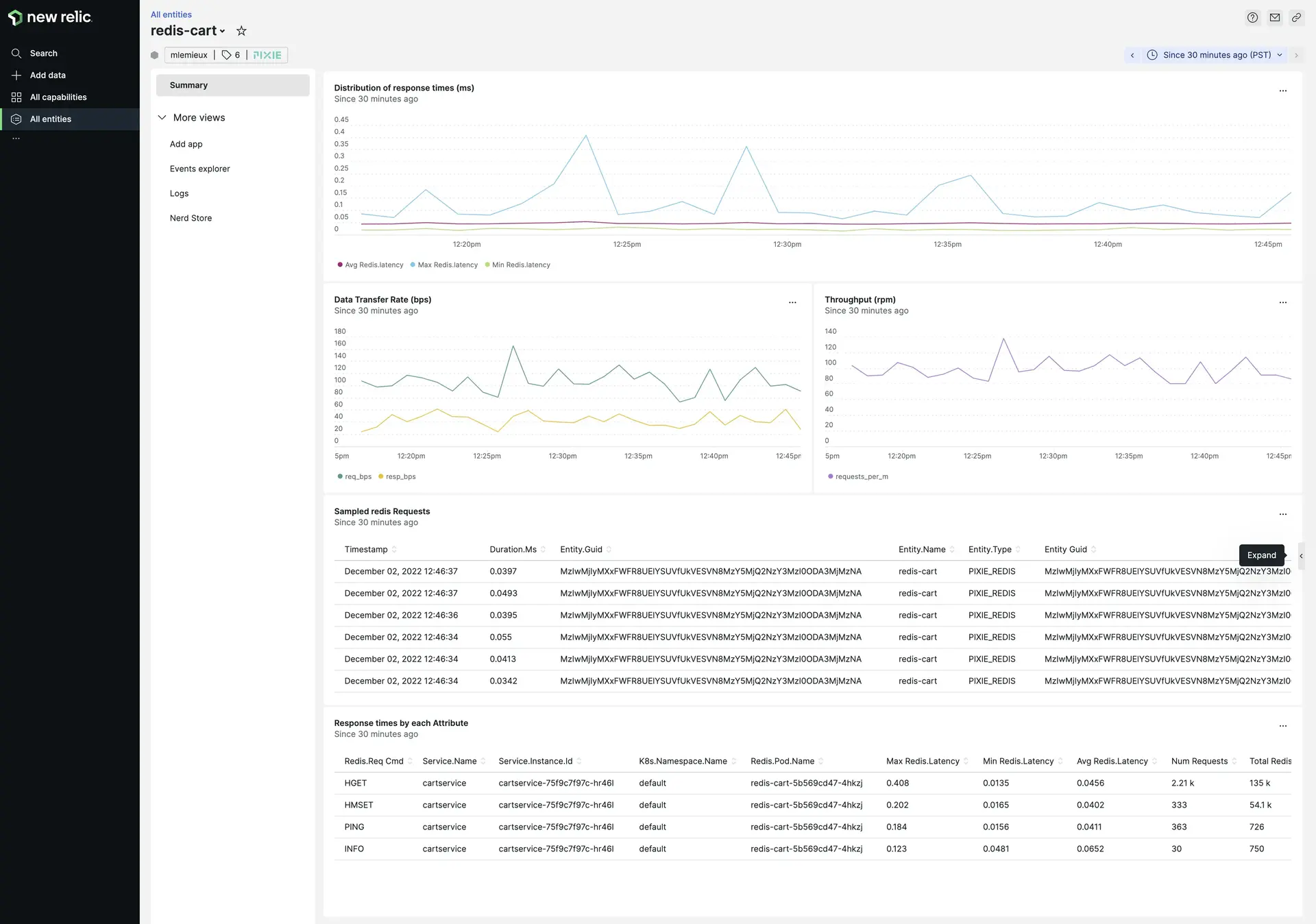 The Redis - Pixie entity shows golden metrics and full-body Redis request and response pairs traced by Pixie