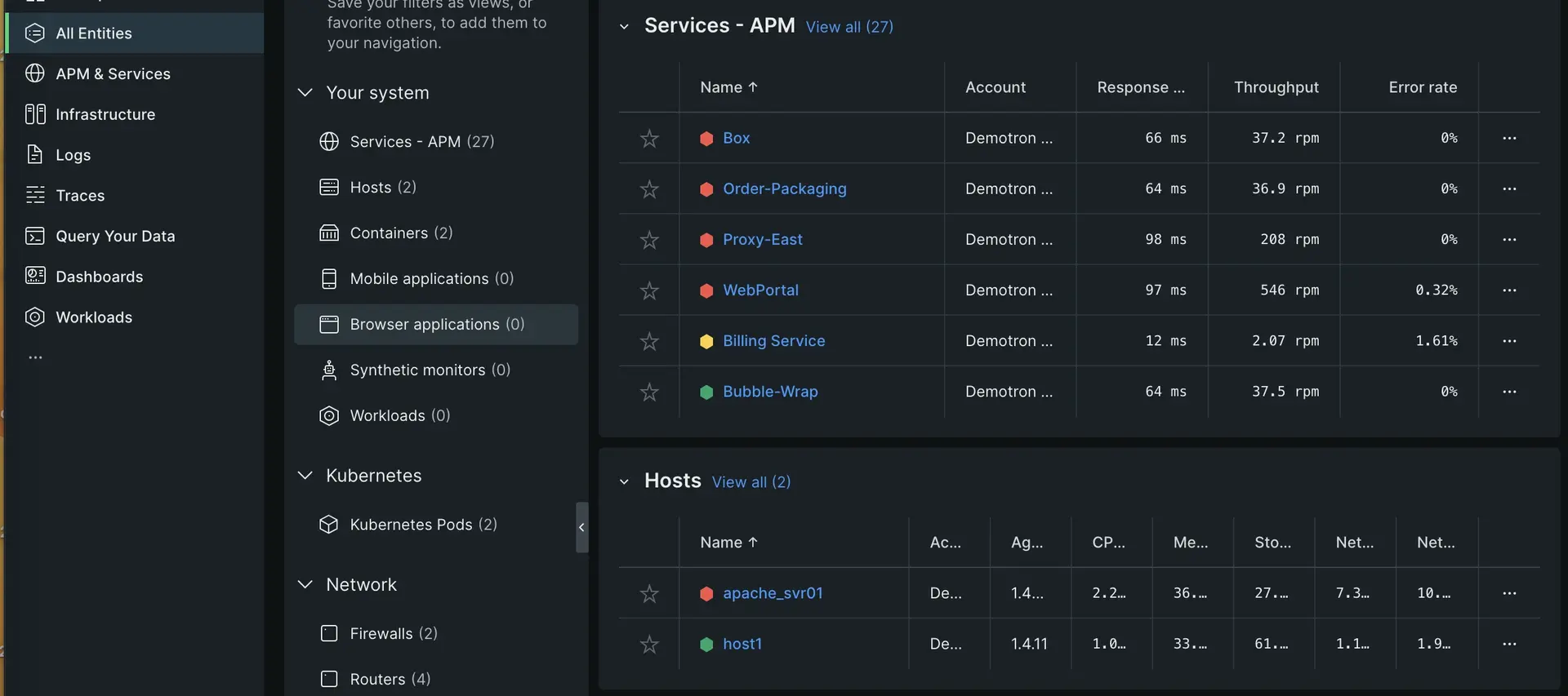 New Relic entity list categories