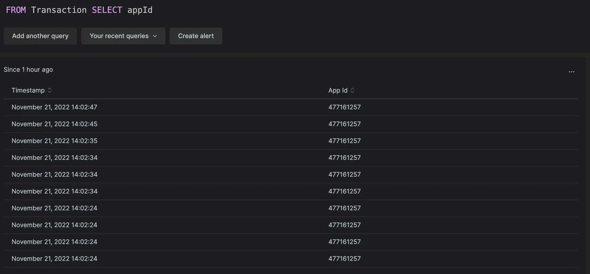 A screenshot of a basic NRQL query, From Transaction Select appId