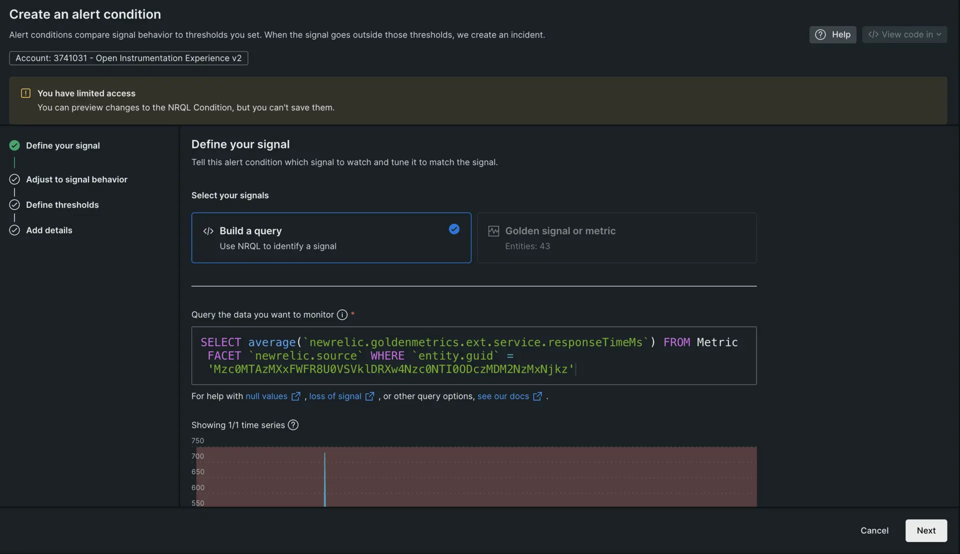 An image of the UI demonstrating how to create a NRQL alert condition from a policy.