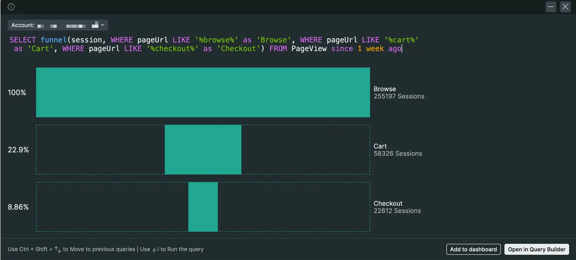 A screenshot of an example NRQL funnel query that displays a count of the users who registered for an account, visited a feature-compare page, and upgraded.