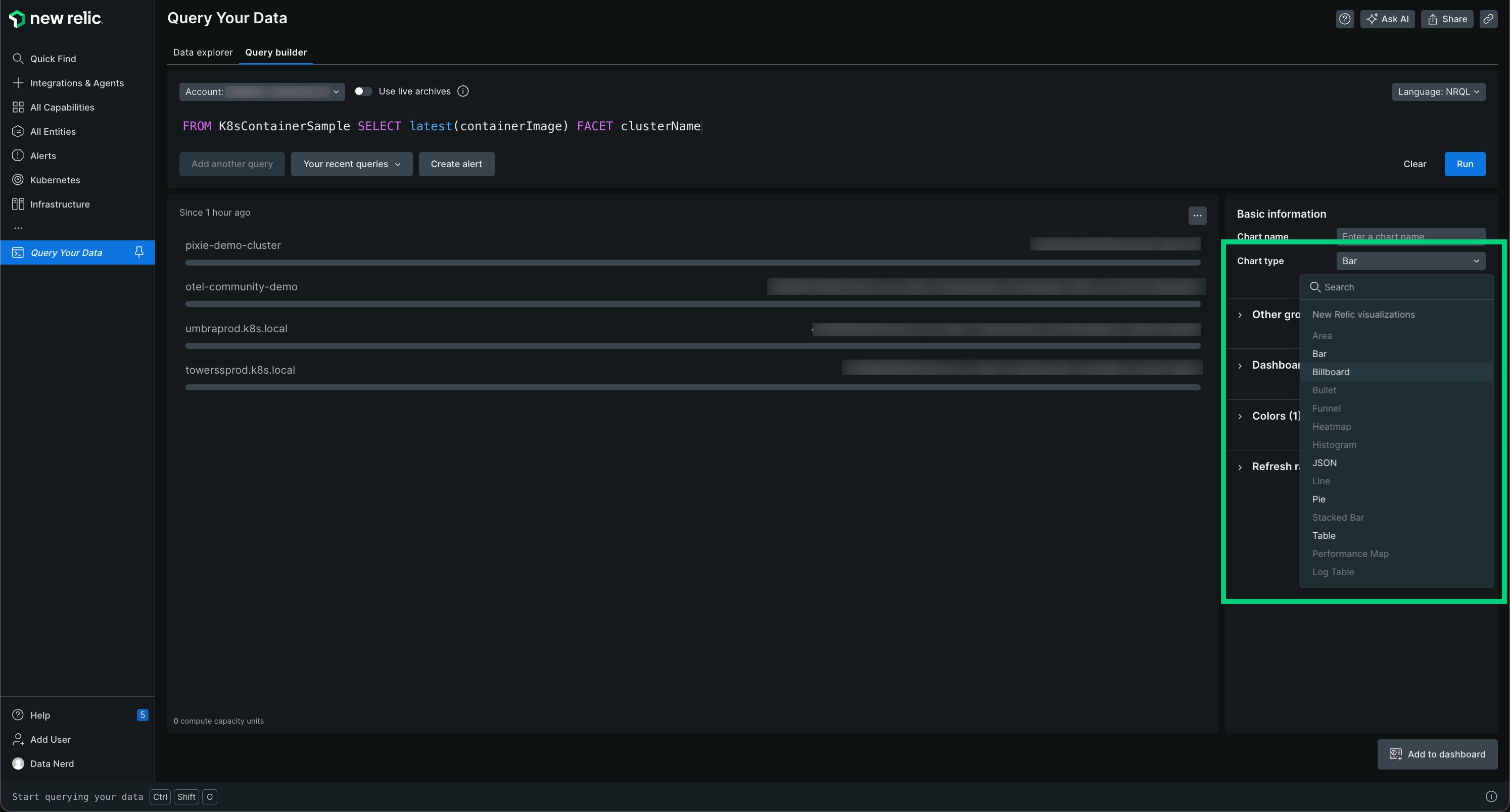 Chart type menu