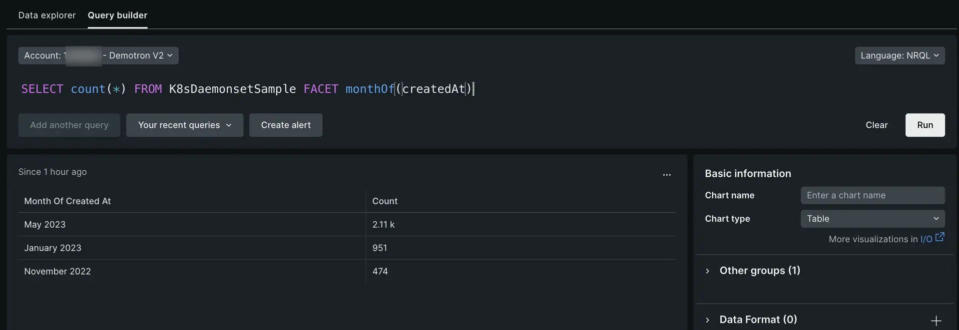 A screenshot displaying a NRQL query faceted by time