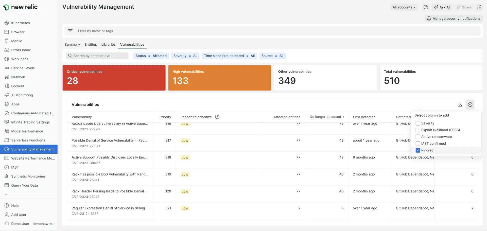 An image showing the all entities vulnerabilities tab with an ignore column added