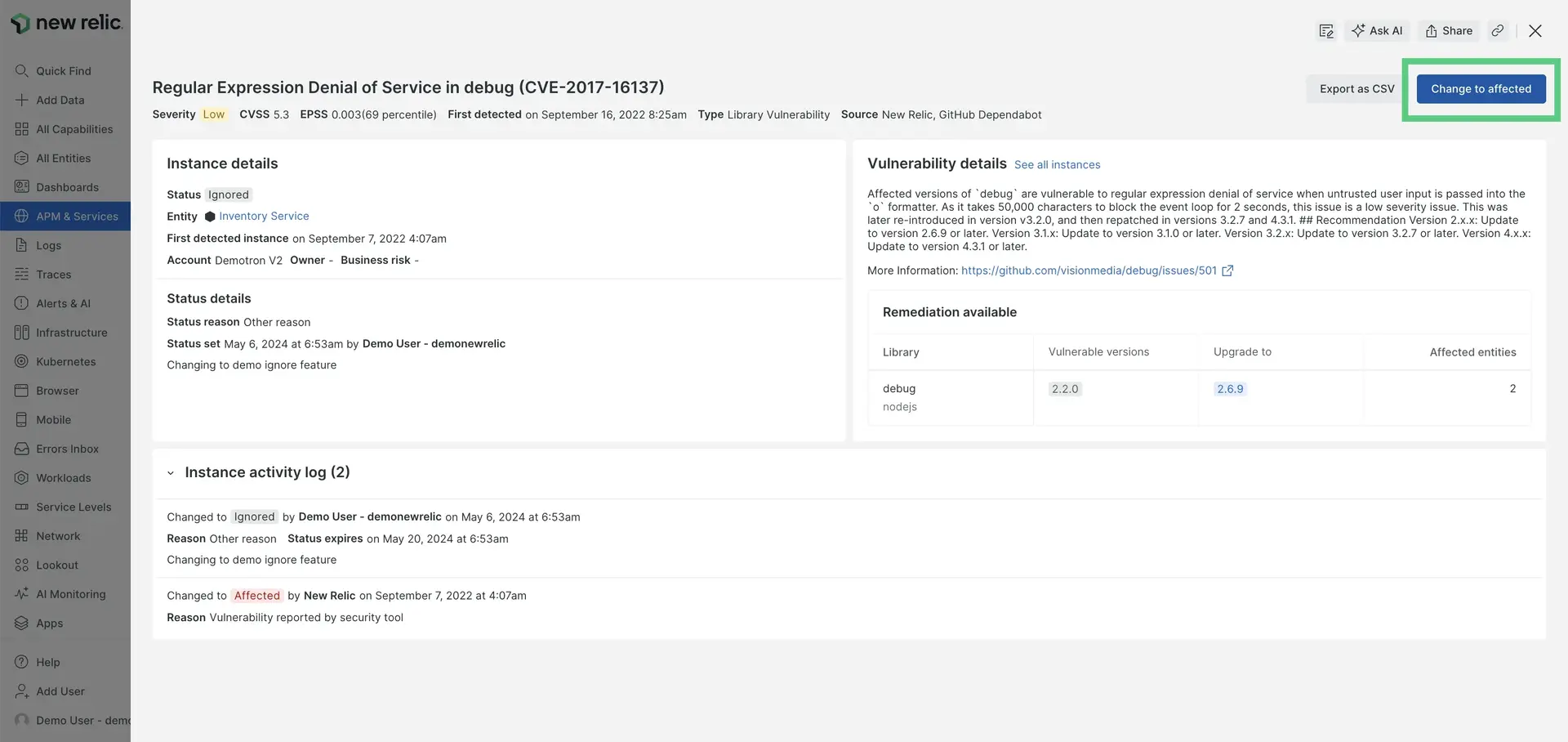 An image showing the scoped vulnerabilities tab of Vulnerability Management filtered to only ignored instances