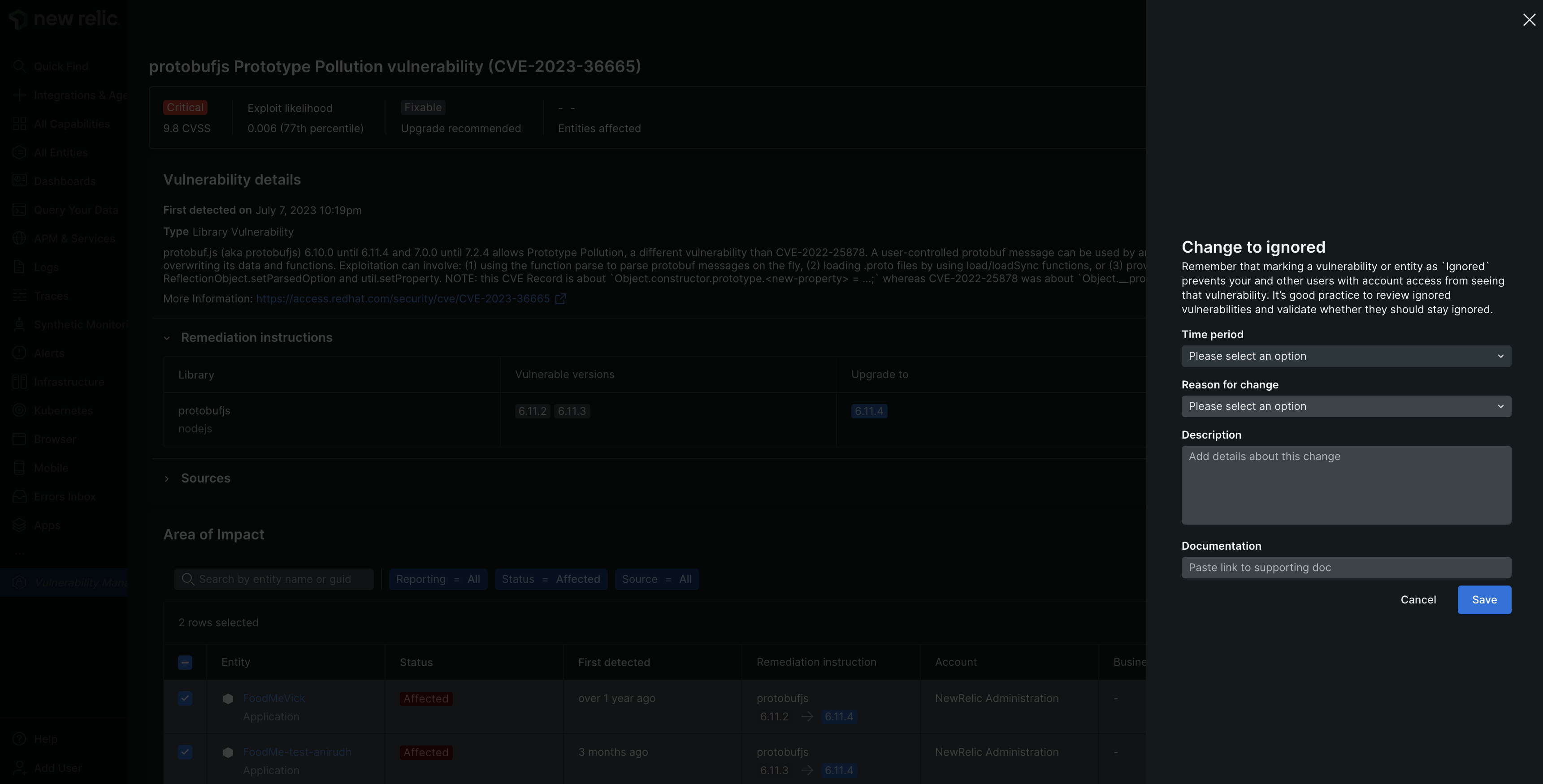 An image showing the ignore form on vulnerability instance details page