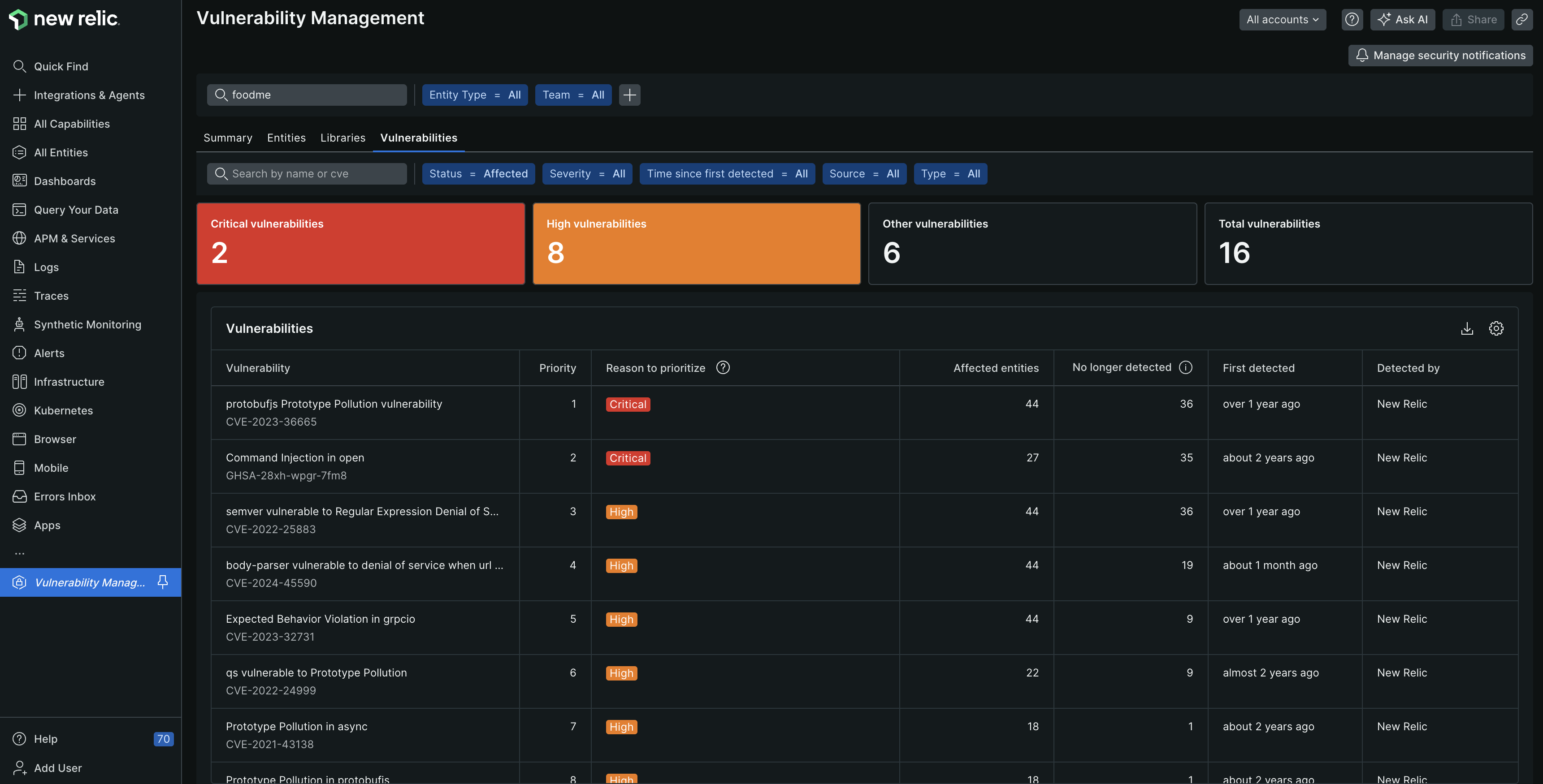 An image showing the all entities vulnerabilities tab of Vulnerability Management